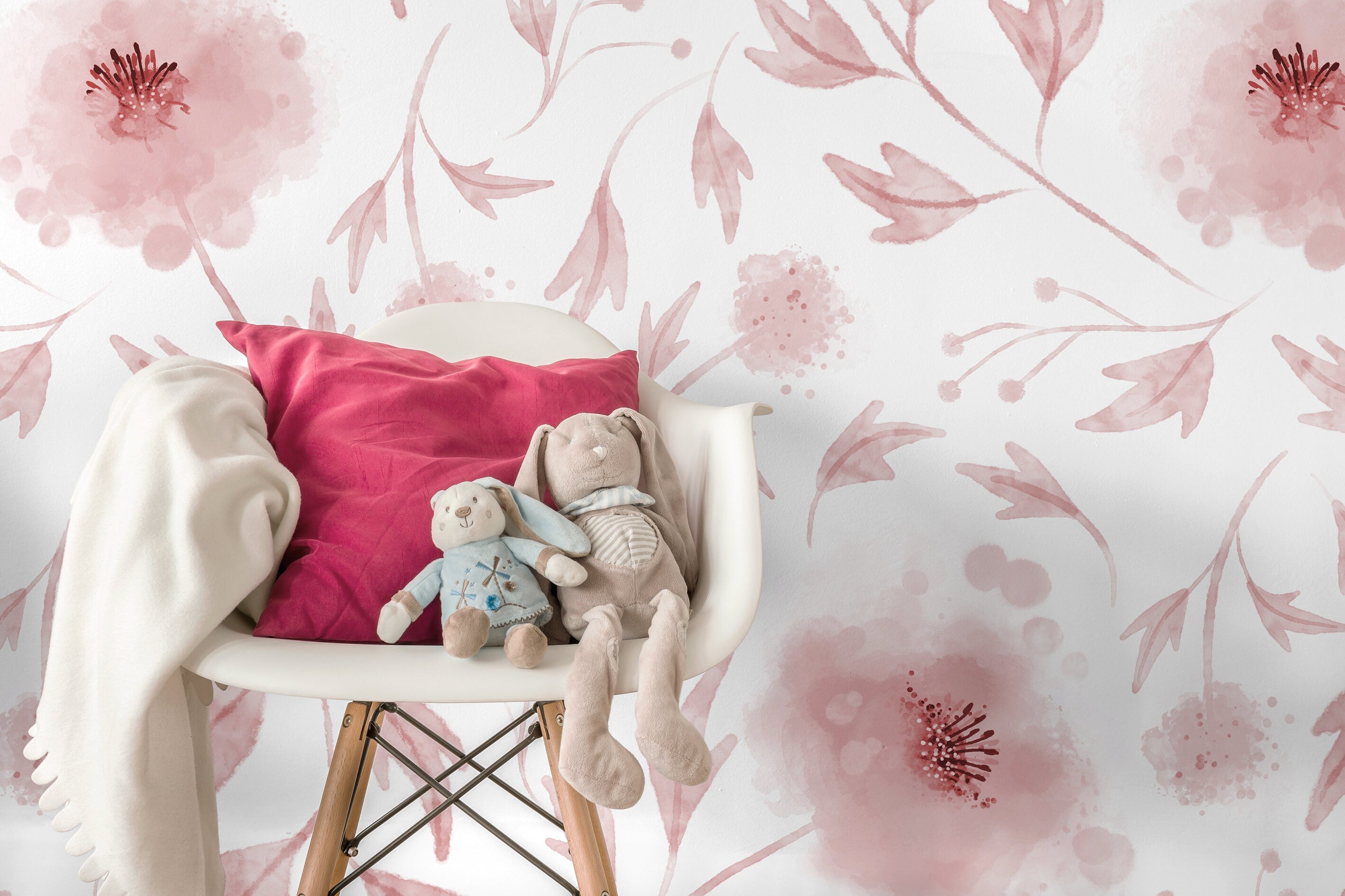 Watercolor Wallpaper With A Delicate Poppy Motif In Pink And Burgundy - X126