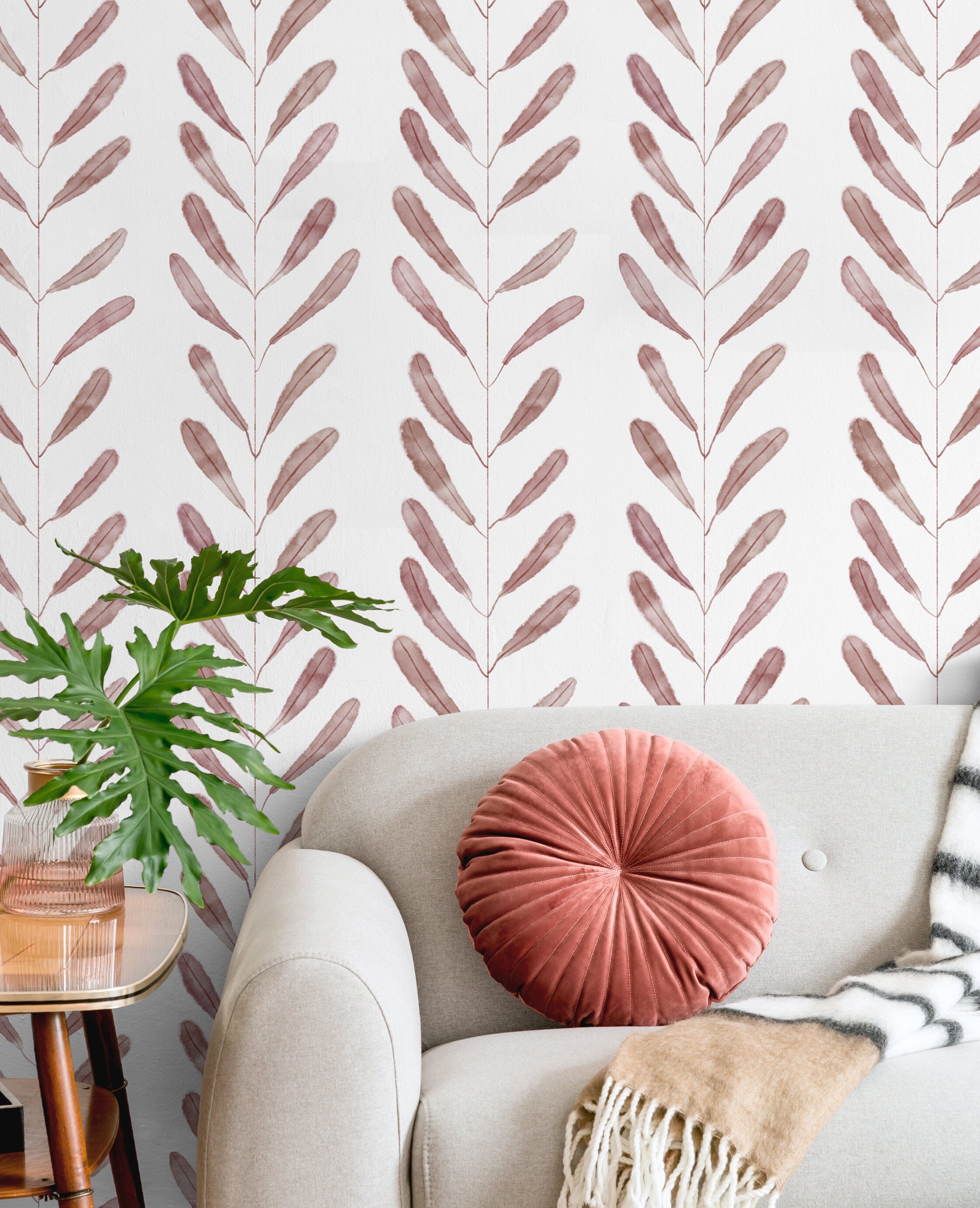 Botanical Wallpaper With A Delicate Watercolor Leaf Motif In Rose - X134