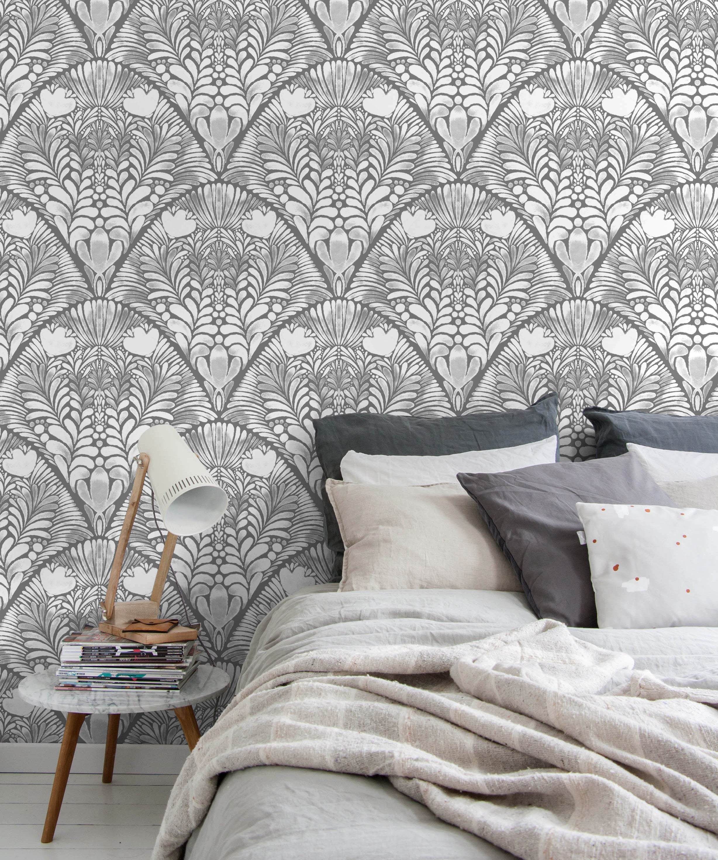 Art Nouveau Wallpaper With A Stylized Floral Fan Motif In Shades Of Gray - X140