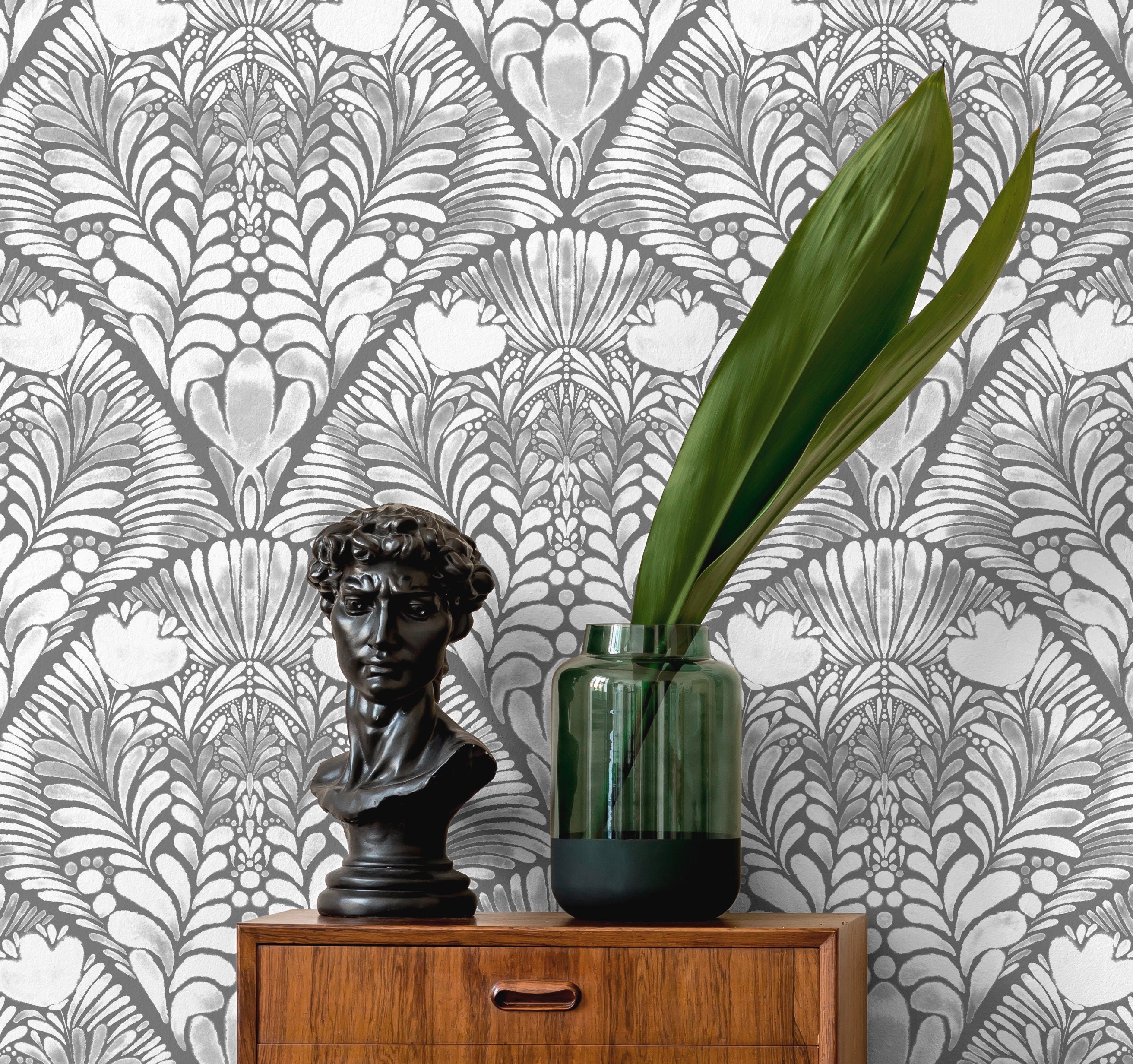 Art Nouveau Wallpaper With A Stylized Floral Fan Motif In Shades Of Gray - X140