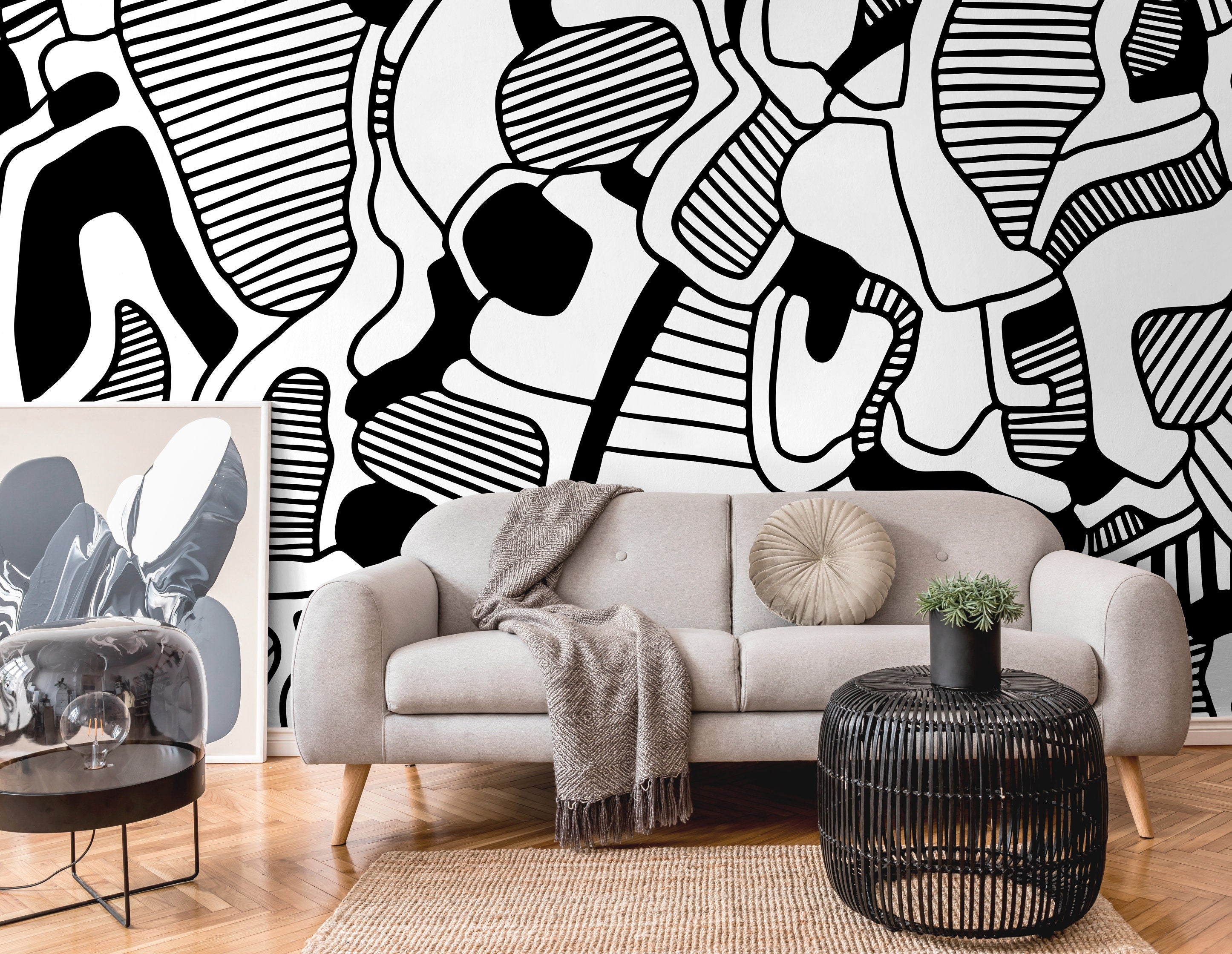 Abstract Wallpaper With Organic Line Art Forms In Black And White - X144