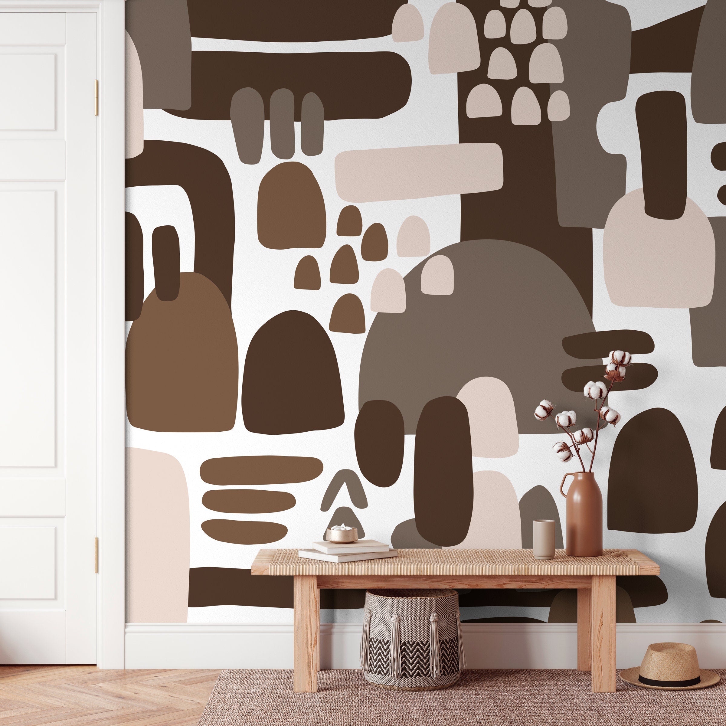 Abstract Wallpaper With Organic Block Shapes In Brown, Taupe, And Beige - X147