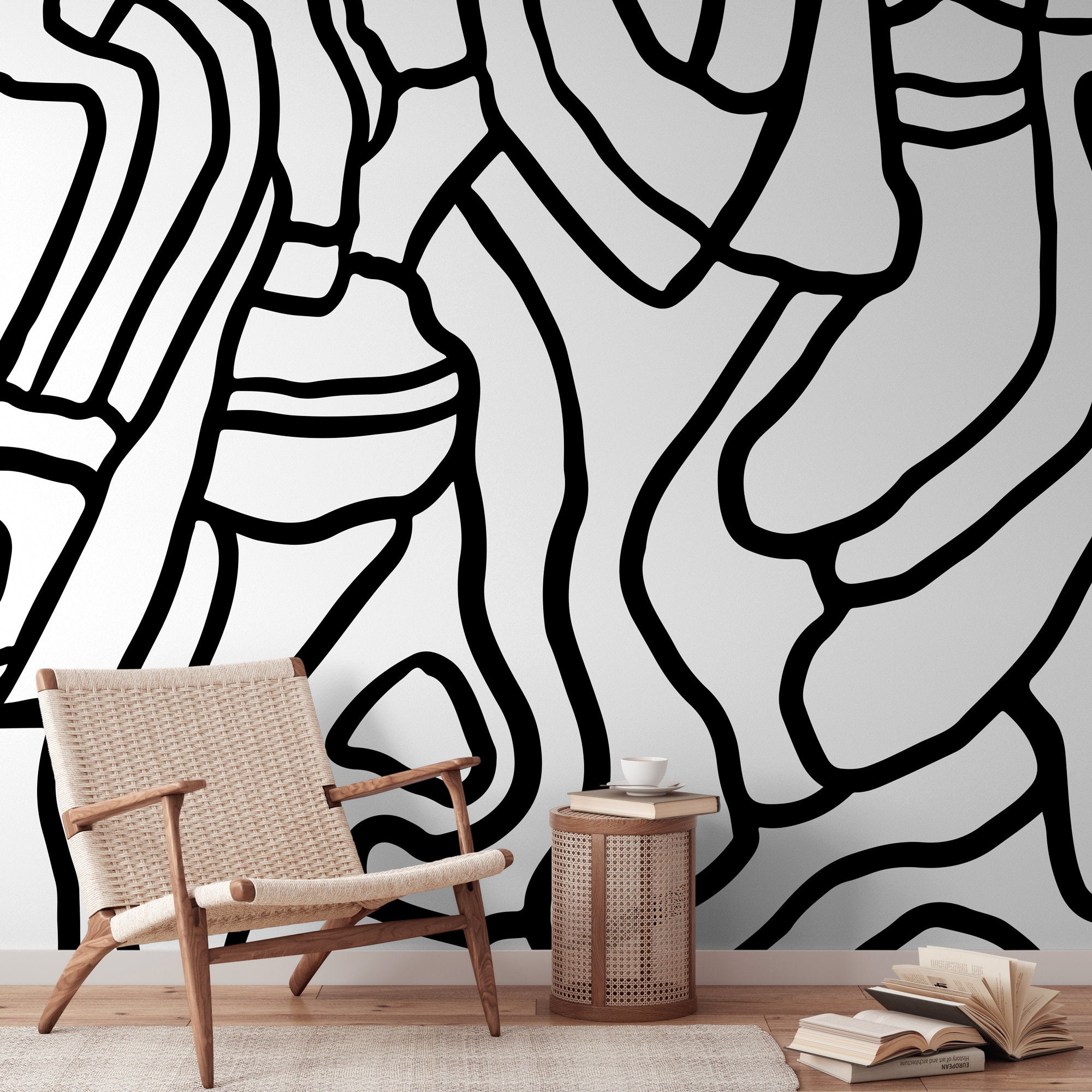 Abstract Wallpaper With Bold Flowing Lines In Black And White - X145