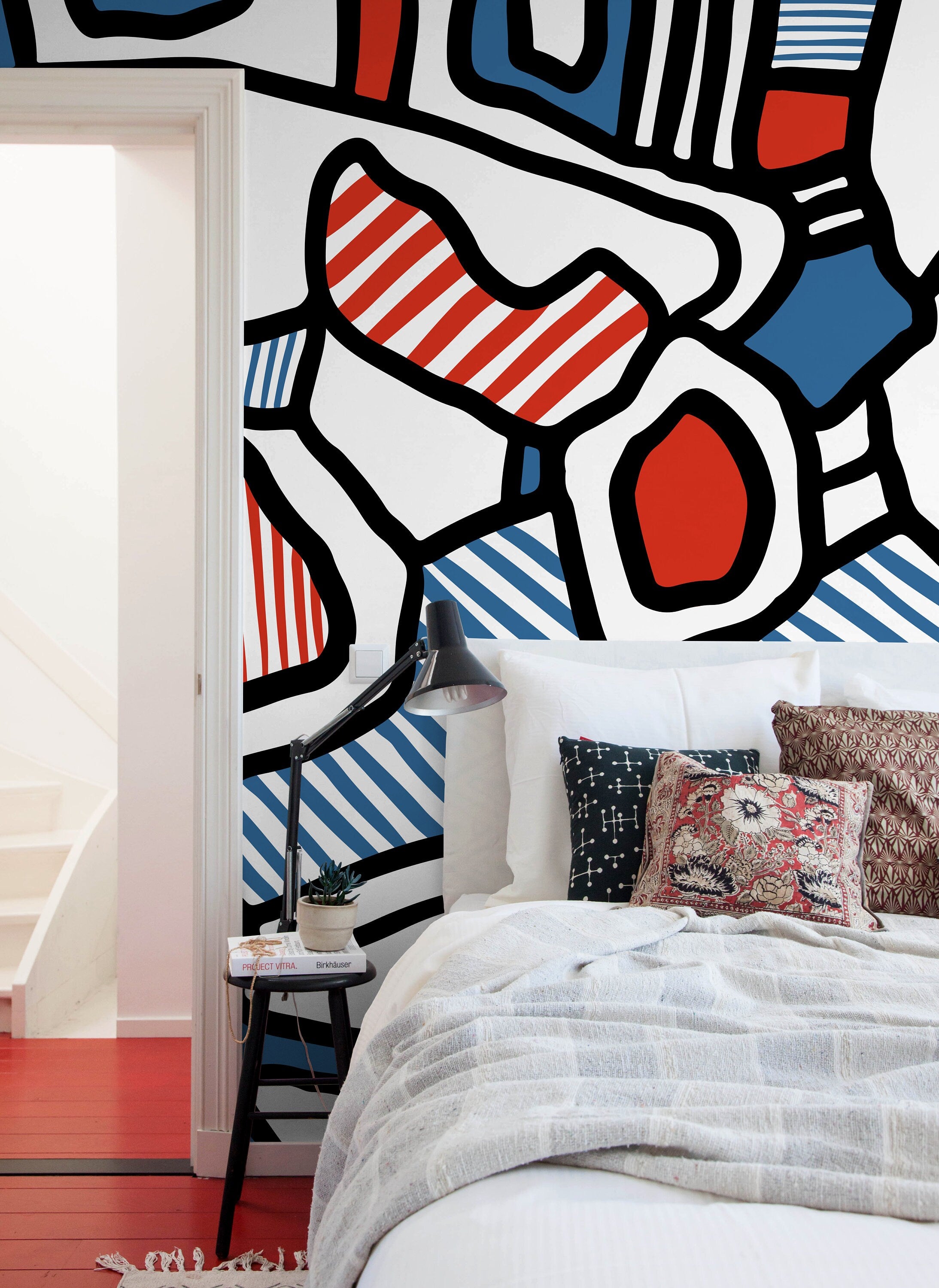 Abstract Wallpaper With Bold Graphic Shapes In Red, Blue, And Black - X146