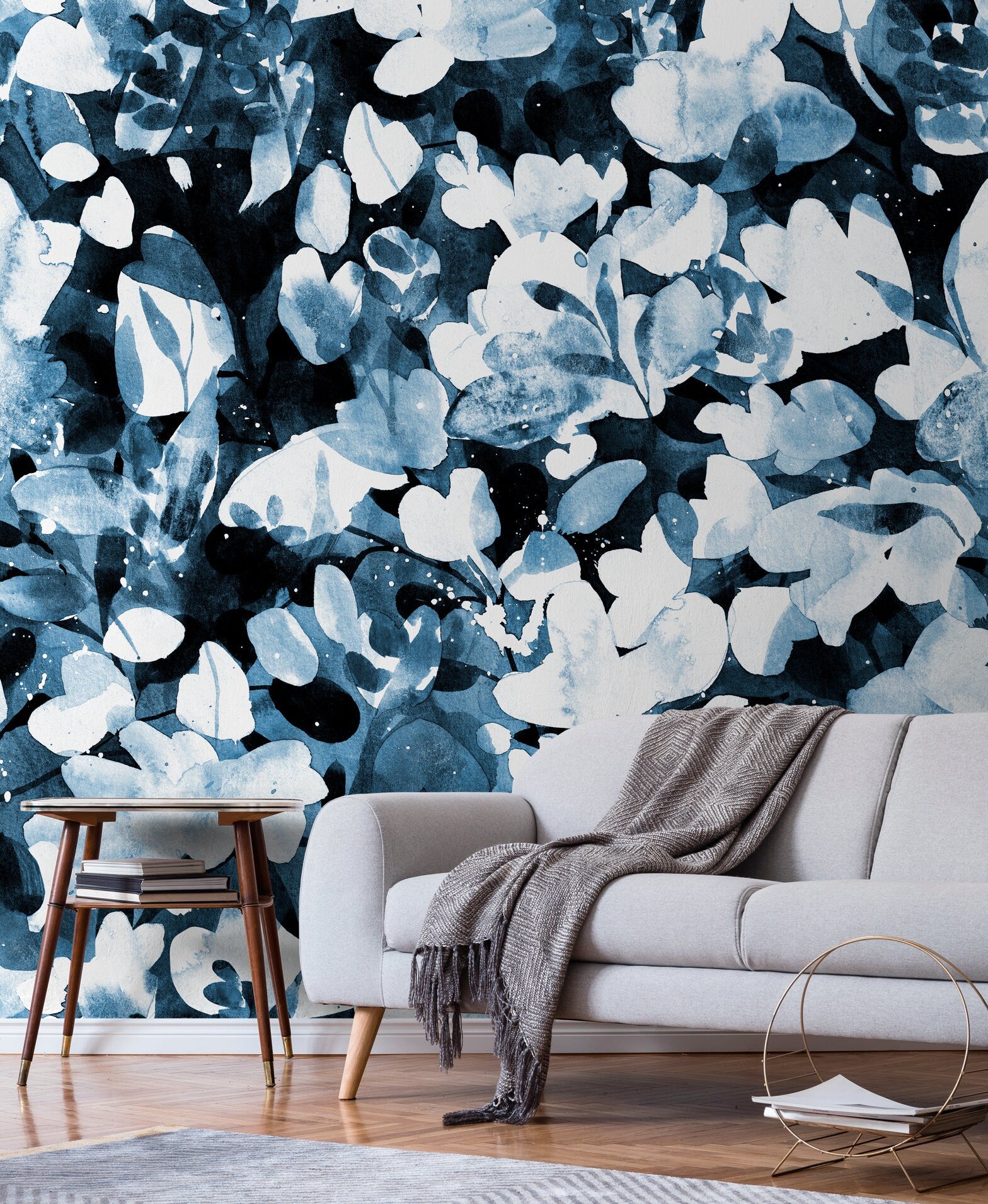 Abstract Wallpaper Featuring An Inky Botanical Motif In Navy Blue And Black - X148