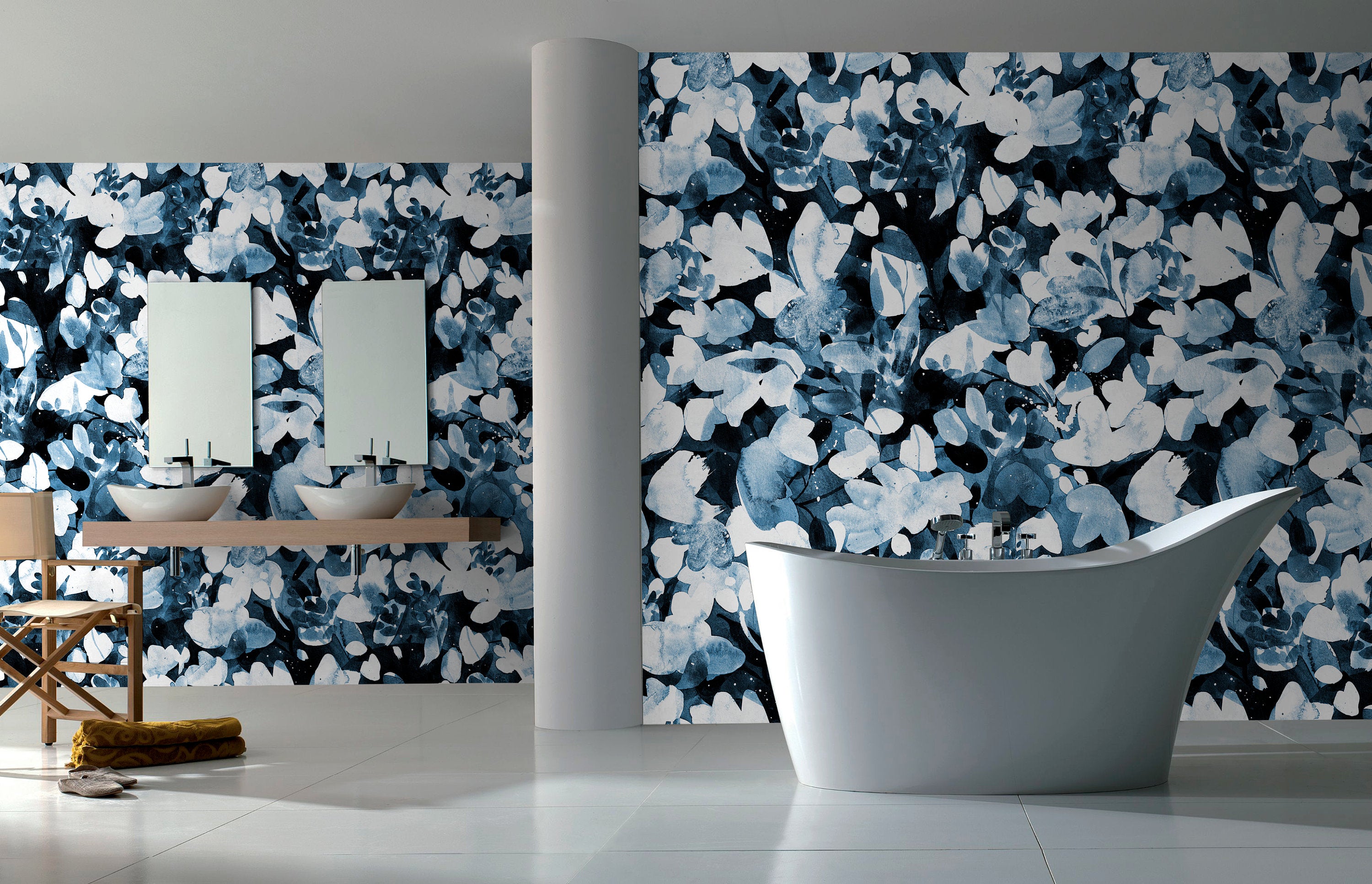 Abstract Wallpaper Featuring An Inky Botanical Motif In Navy Blue And Black - X148