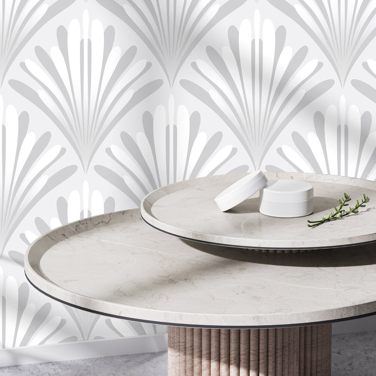 Art Deco Wallpaper With A Stylized Fan Motif In Gray And White - X136