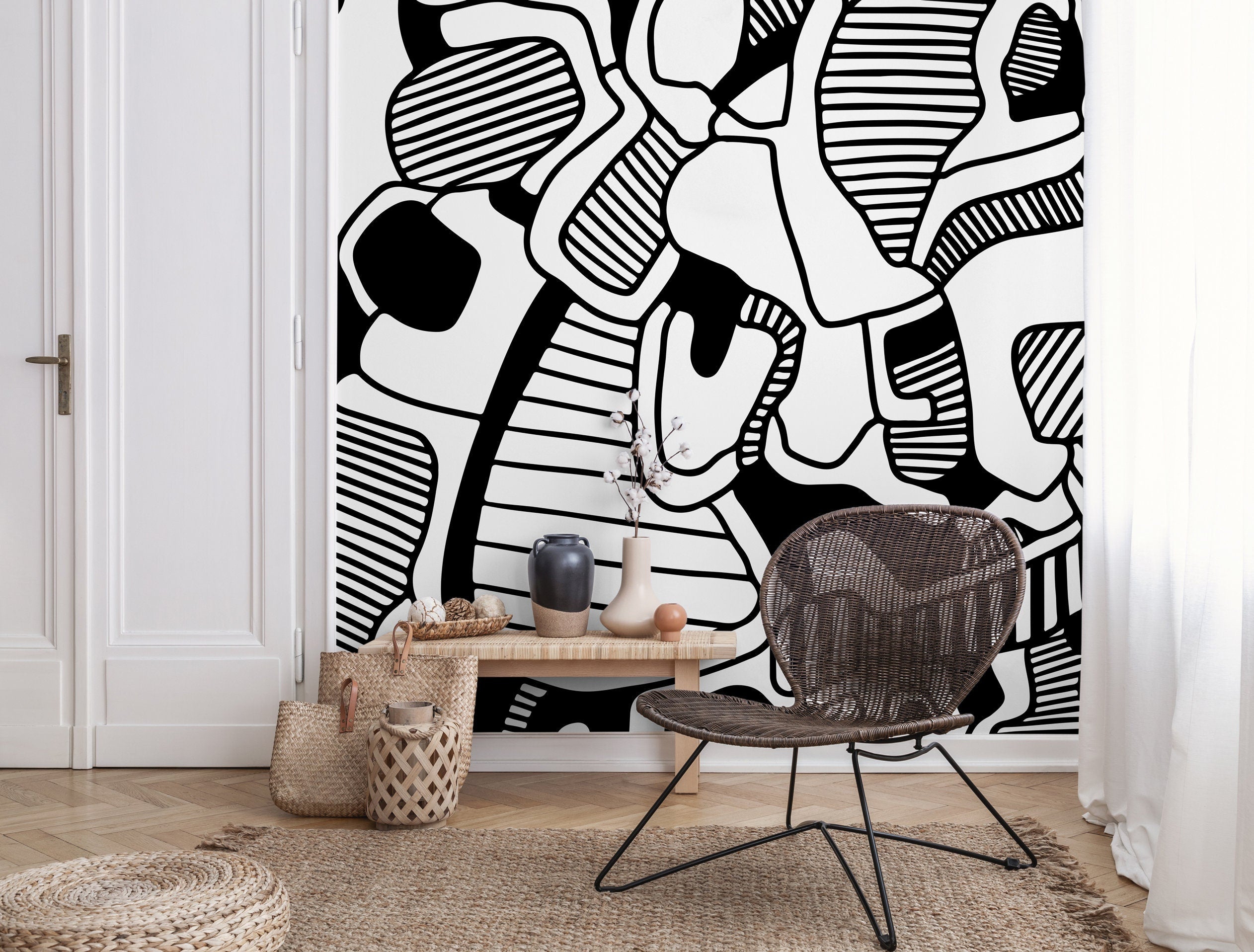 Abstract Wallpaper With Organic Line Art Forms In Black And White - X144