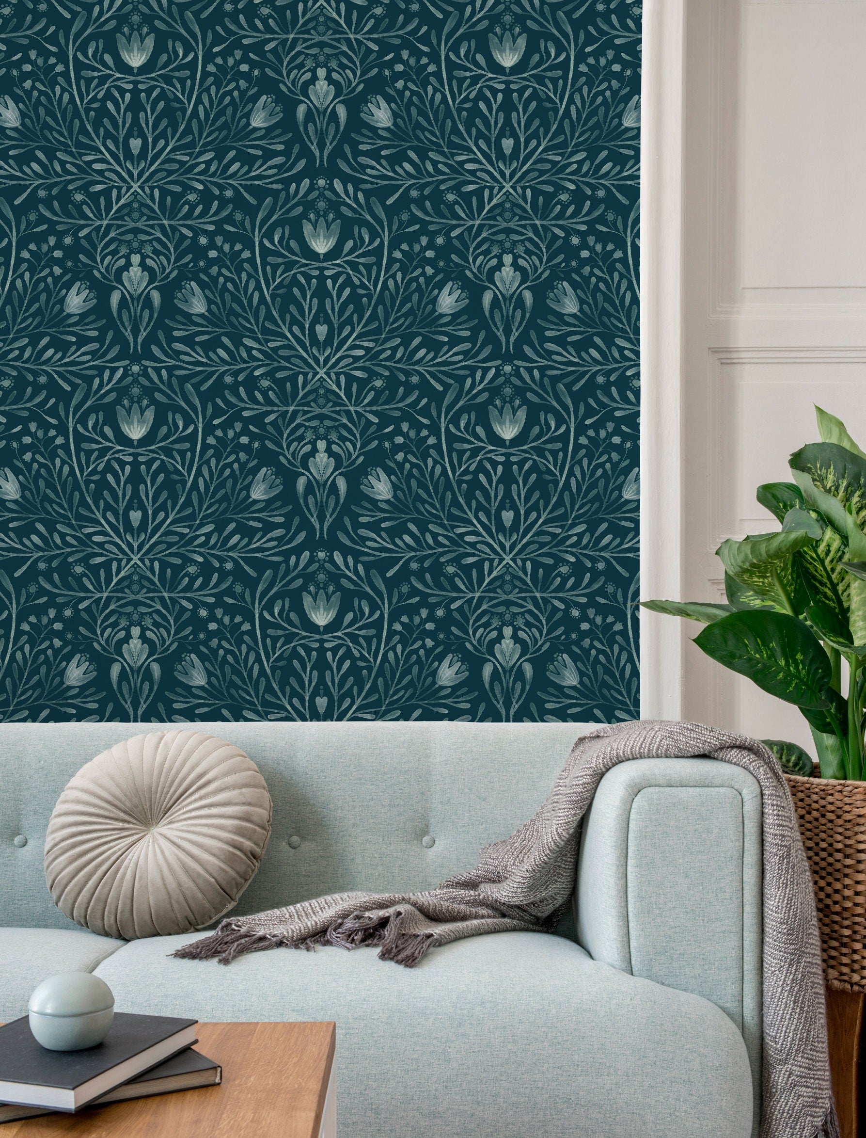Art Nouveau Wallpaper With A Botanical Damask In Dark Teal And Sage Green - X139