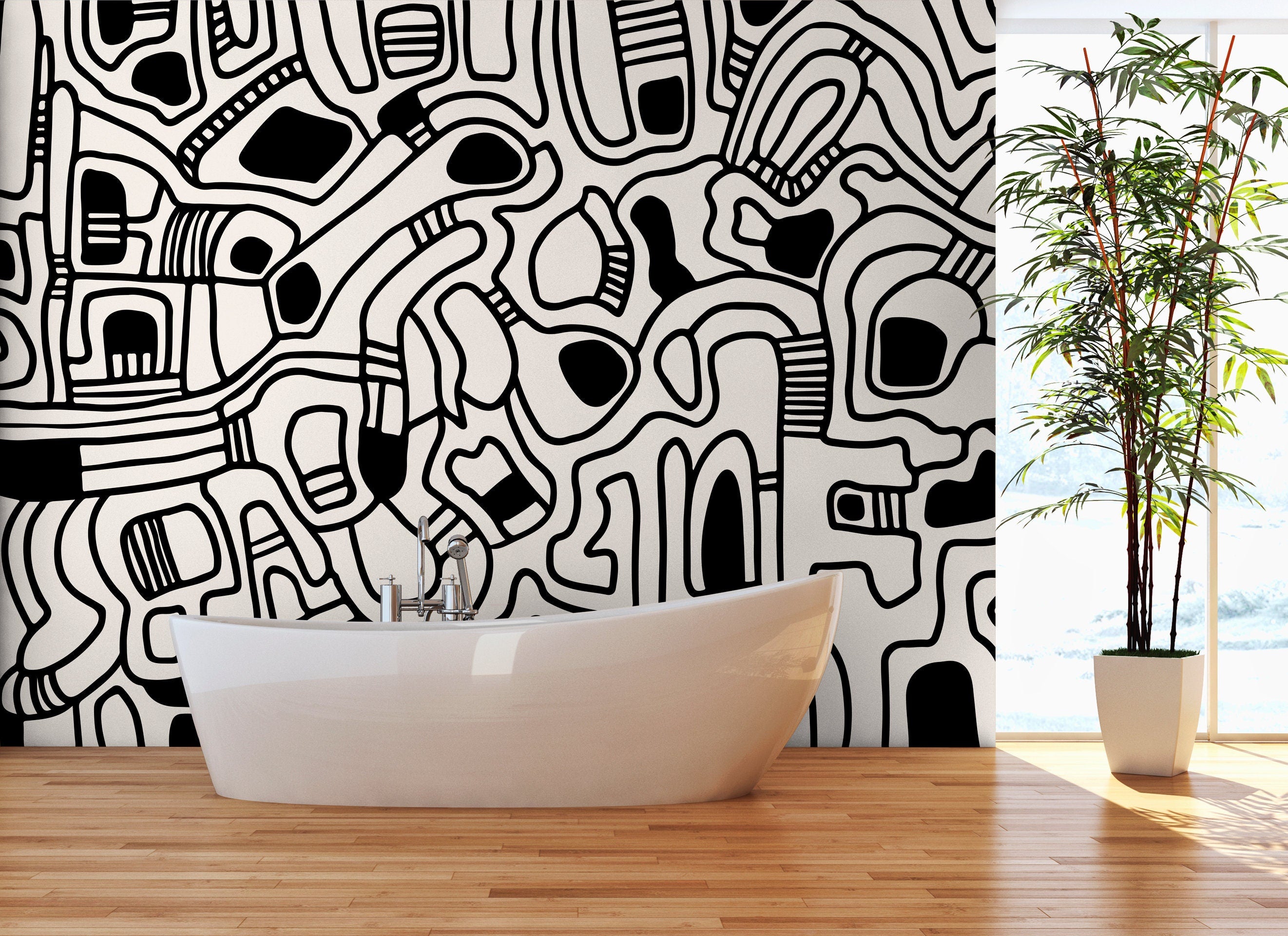 Abstract Wallpaper With Bold Graphic Lines In Black And Light Gray - X143