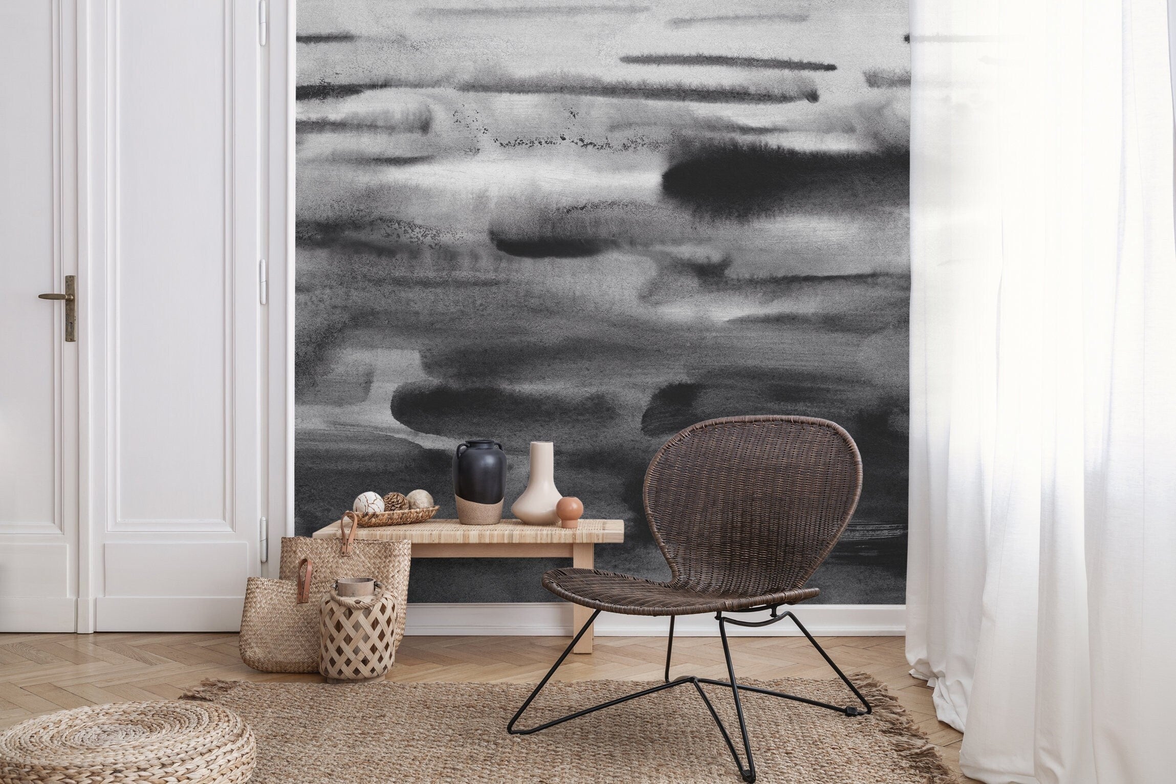 Abstract Wallpaper With Horizontal Brushstrokes In Black, White, And Gray - X161