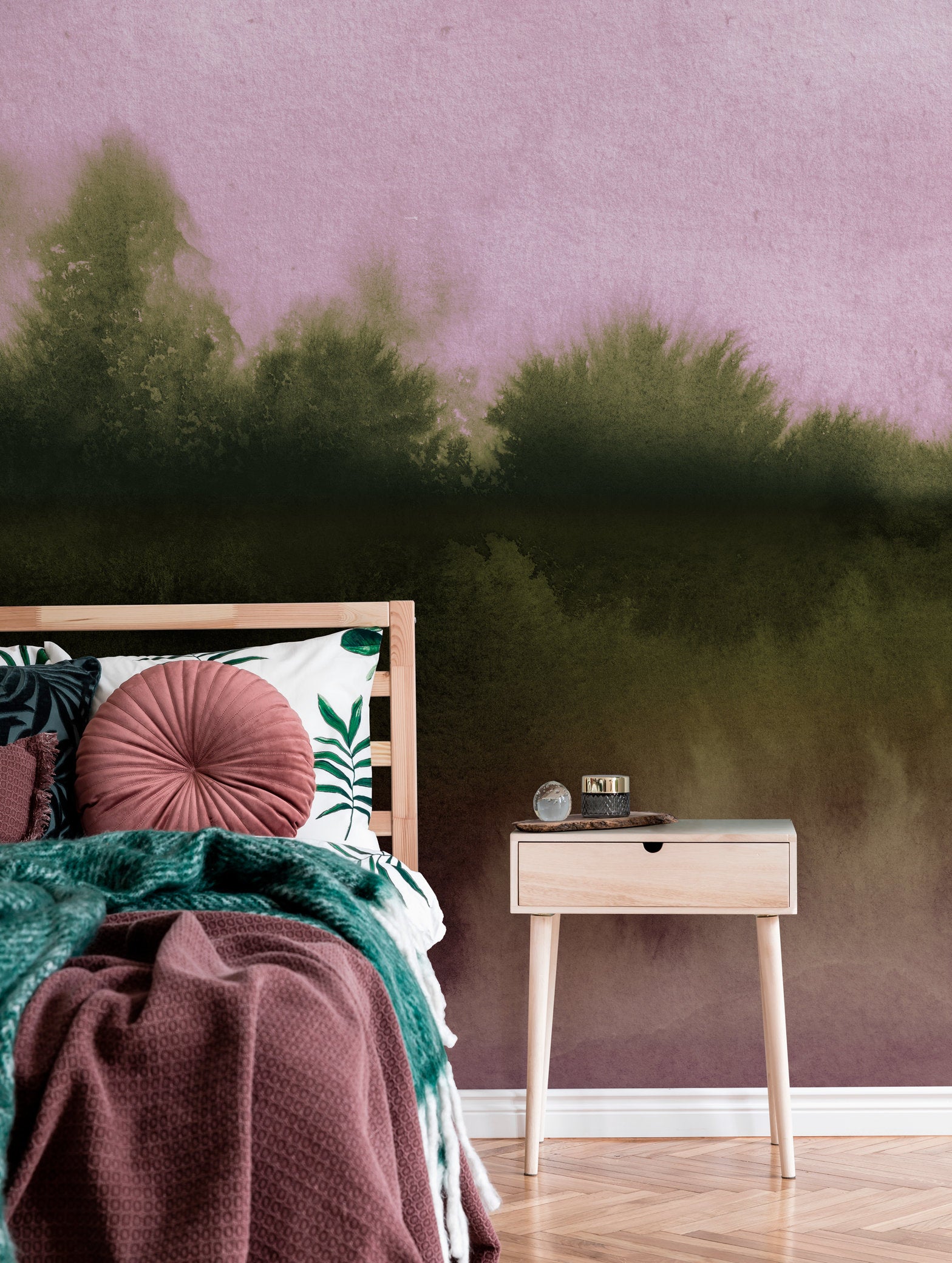 Abstract Wallpaper With A Misty Forest Scene In Pink And Olive Green - X155