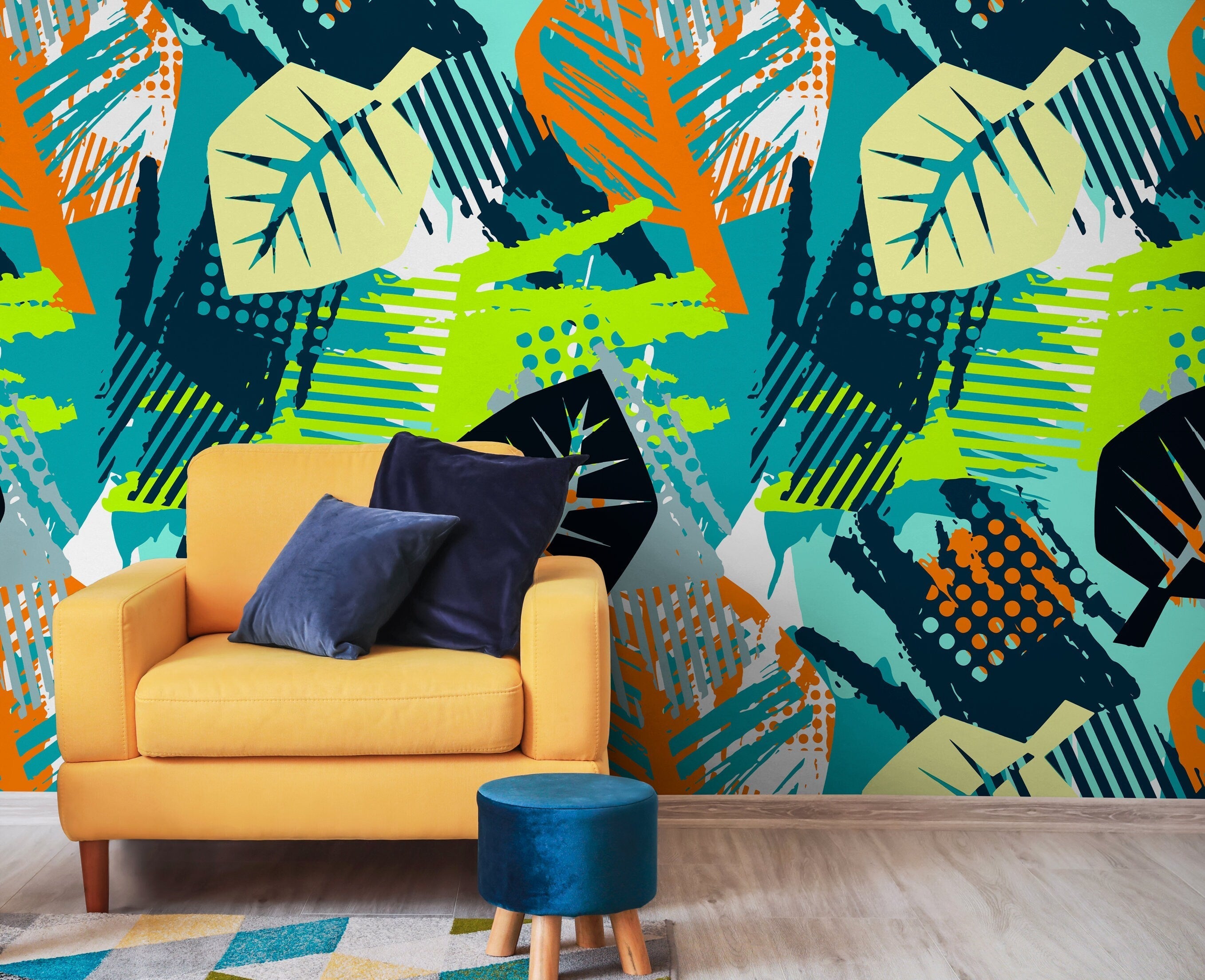 Abstract Wallpaper With Stylized Botanical Leaves In Teal, Orange, And Green - A799