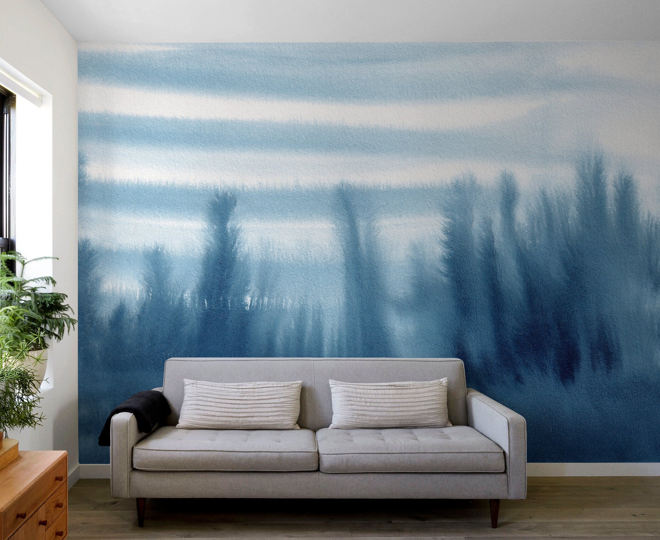 Ombre Wallpaper With An Abstract Watercolor Landscape In Blue And White - X156