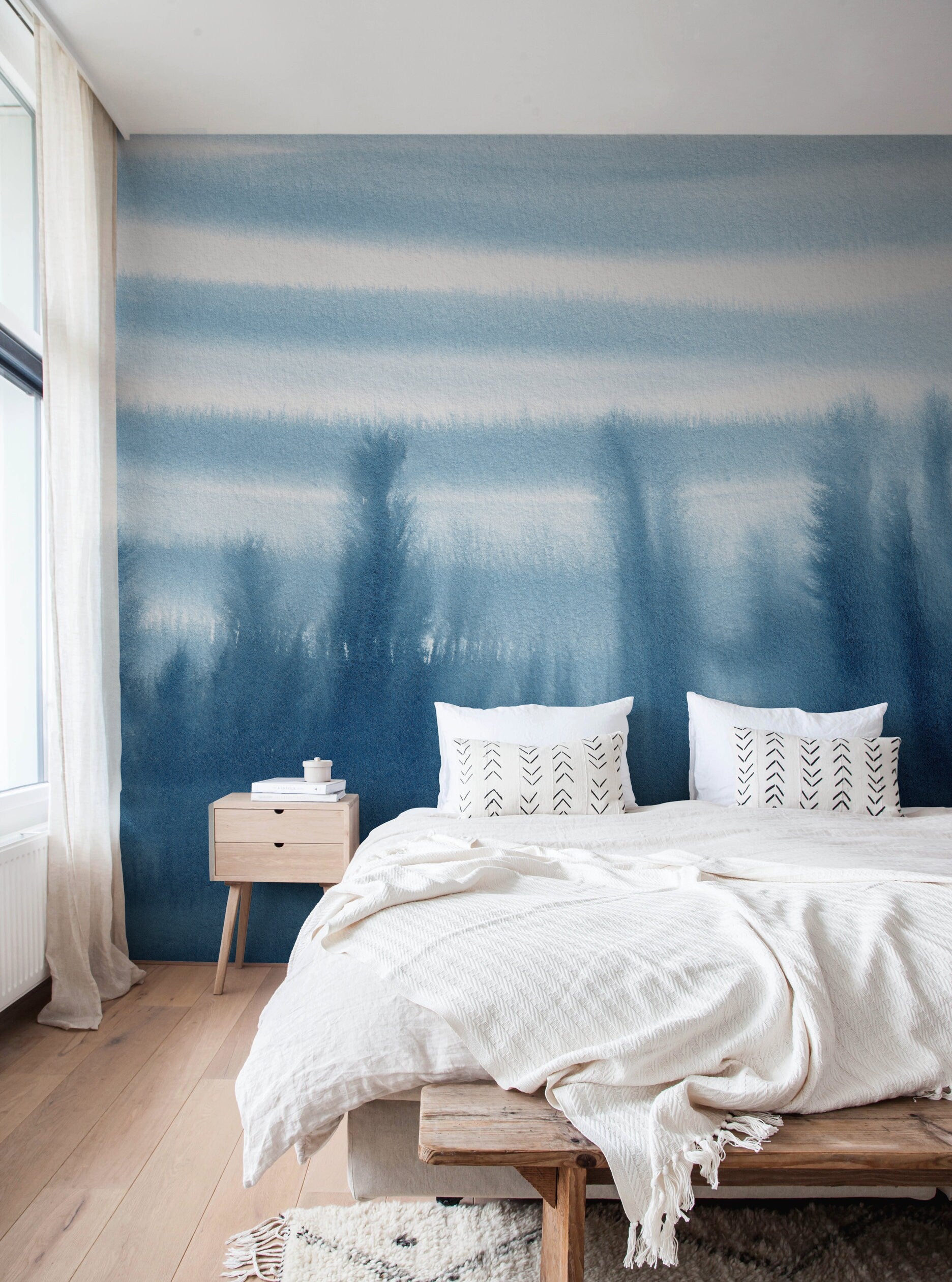 Ombre Wallpaper With An Abstract Watercolor Landscape In Blue And White - X156