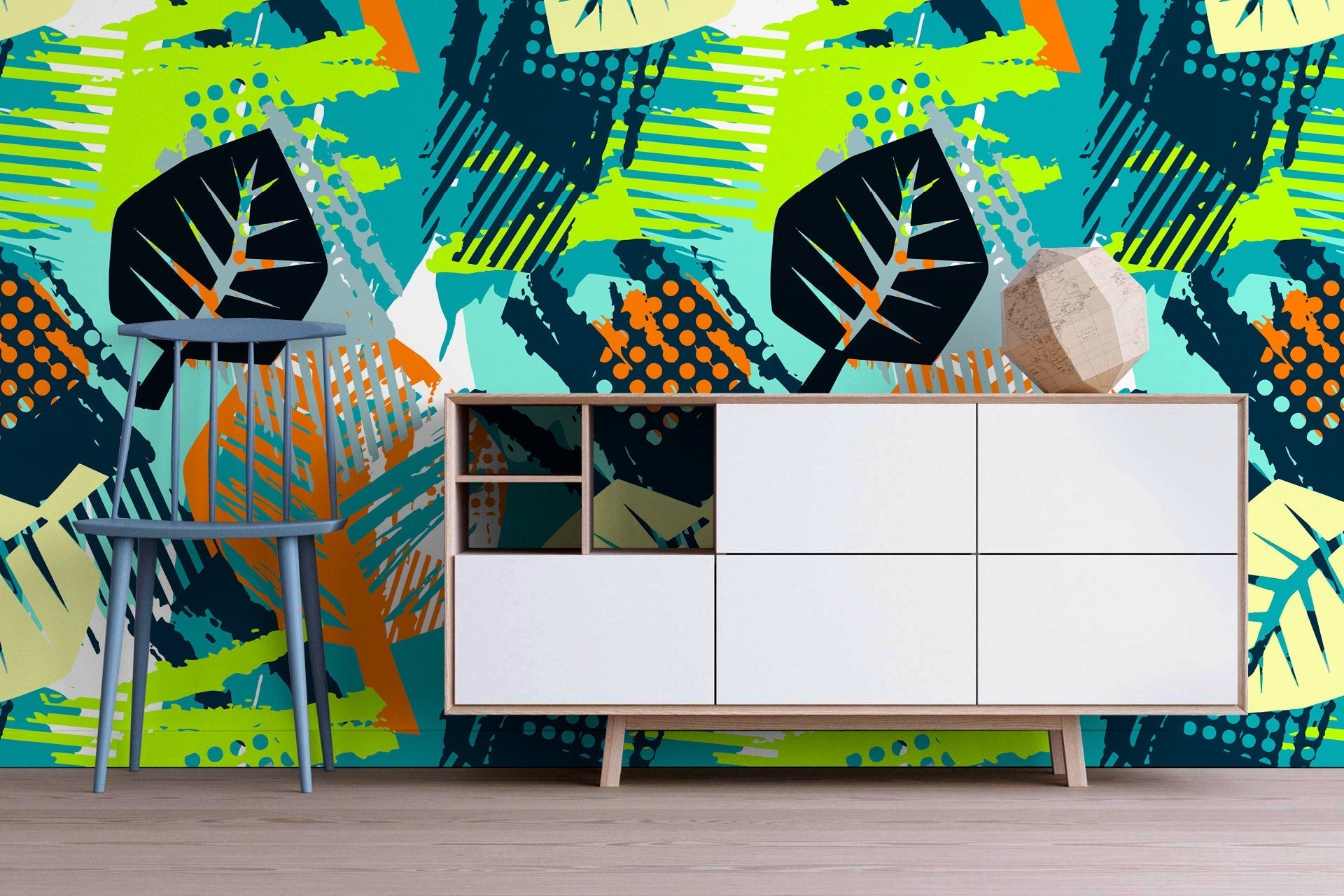 Abstract Wallpaper With Stylized Botanical Leaves In Teal, Orange, And Green - A799