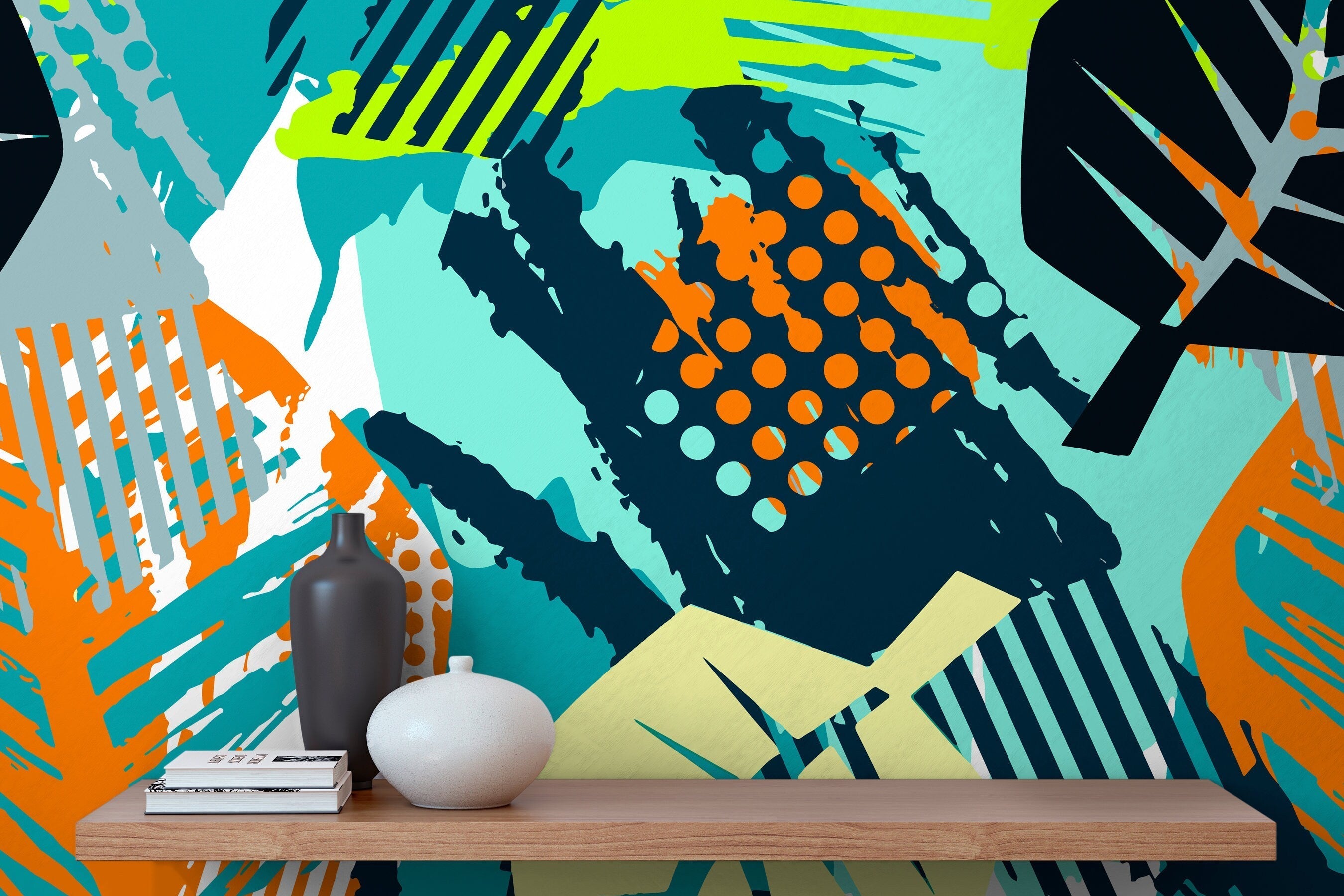 Abstract Wallpaper With Stylized Botanical Leaves In Teal, Orange, And Green - A799