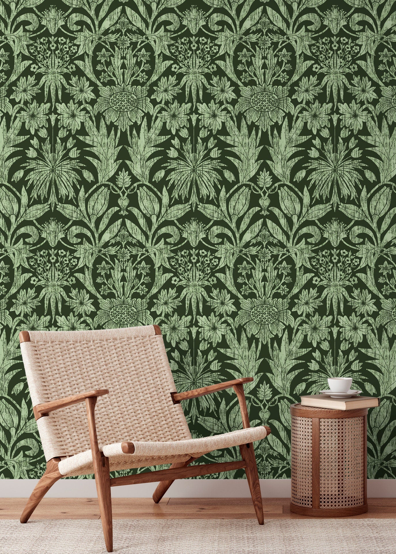 Art Nouveau Wallpaper With A Stylized Botanical Motif In Dark And Sage Green - X173