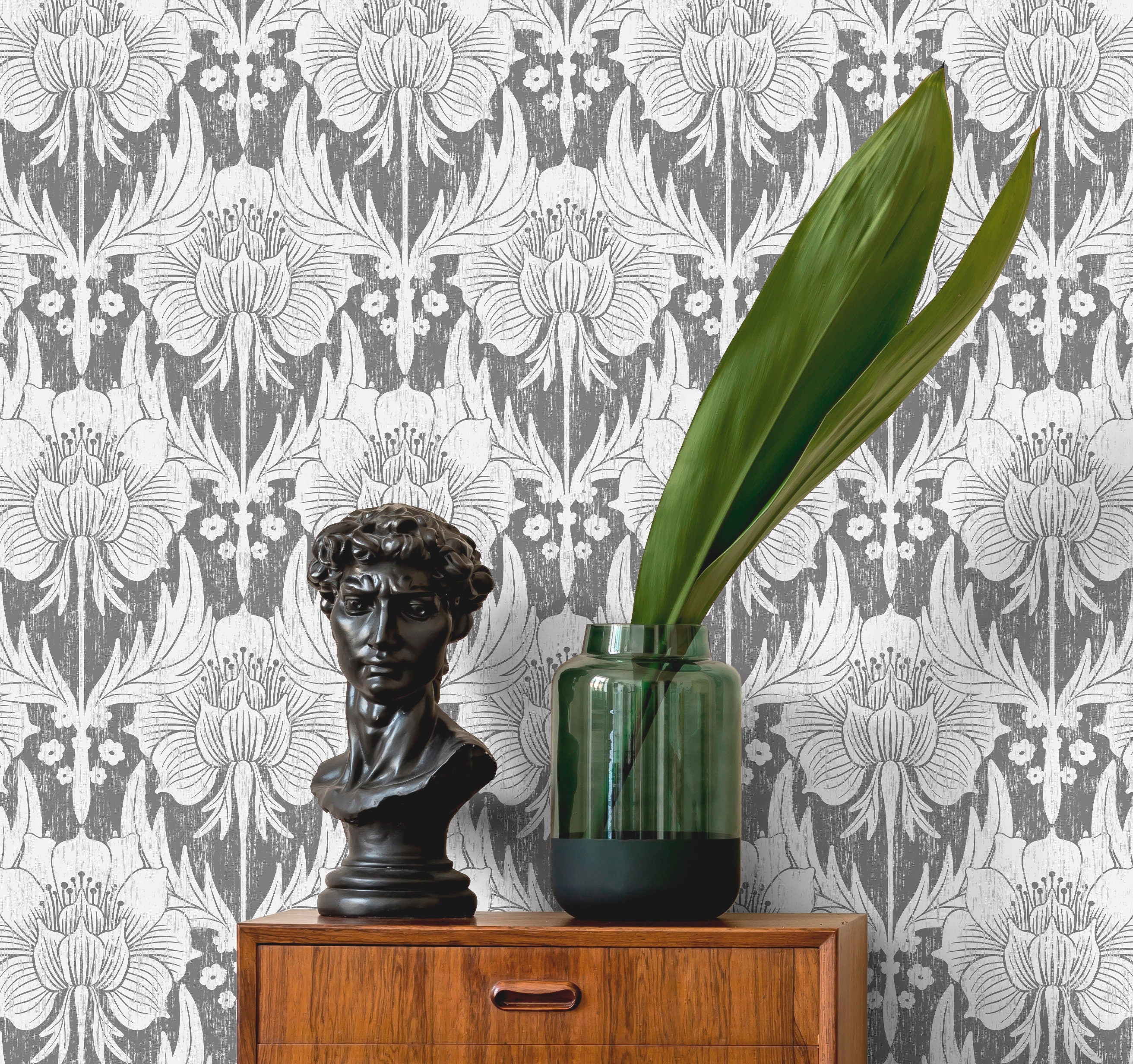 Vintage Floral Wallpaper With A Block Print Motif In Gray And White - X171