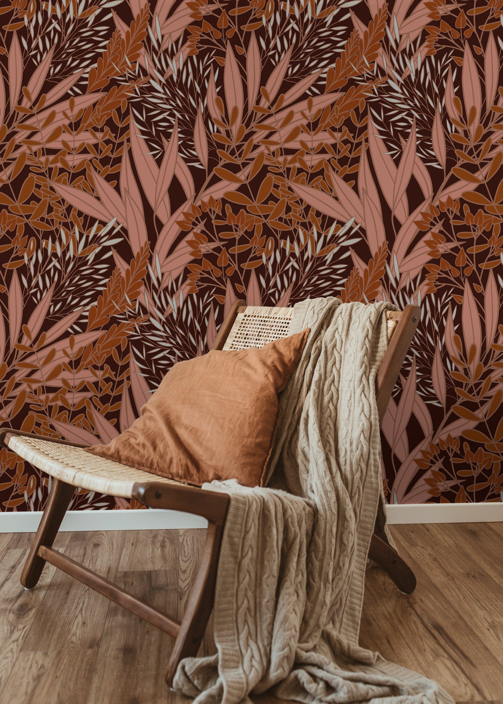 Botanical Wallpaper With Stylized Autumn Leaves In Brown, Pink, And Terracotta - X167