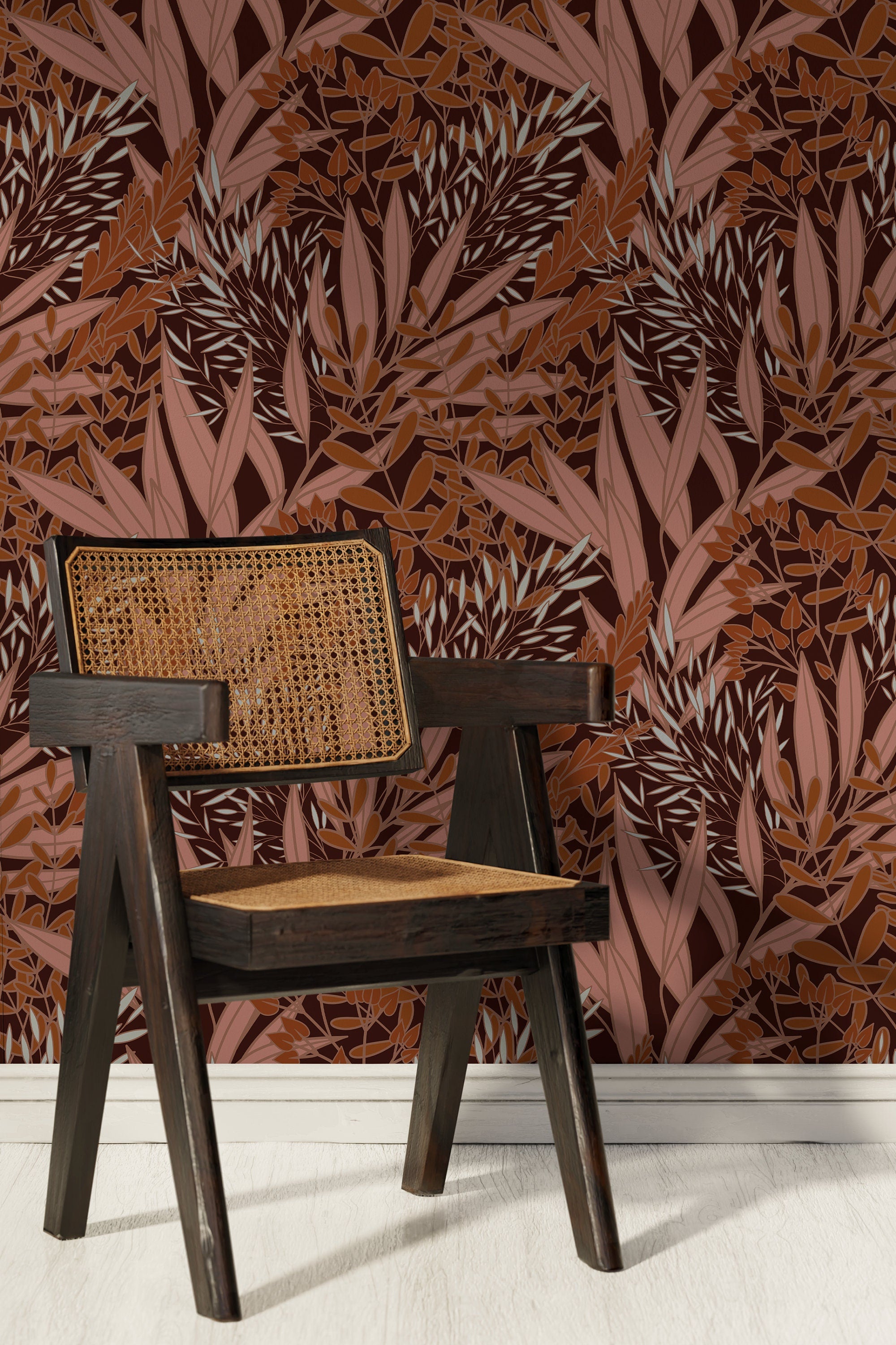 Botanical Wallpaper With Stylized Autumn Leaves In Brown, Pink, And Terracotta - X167