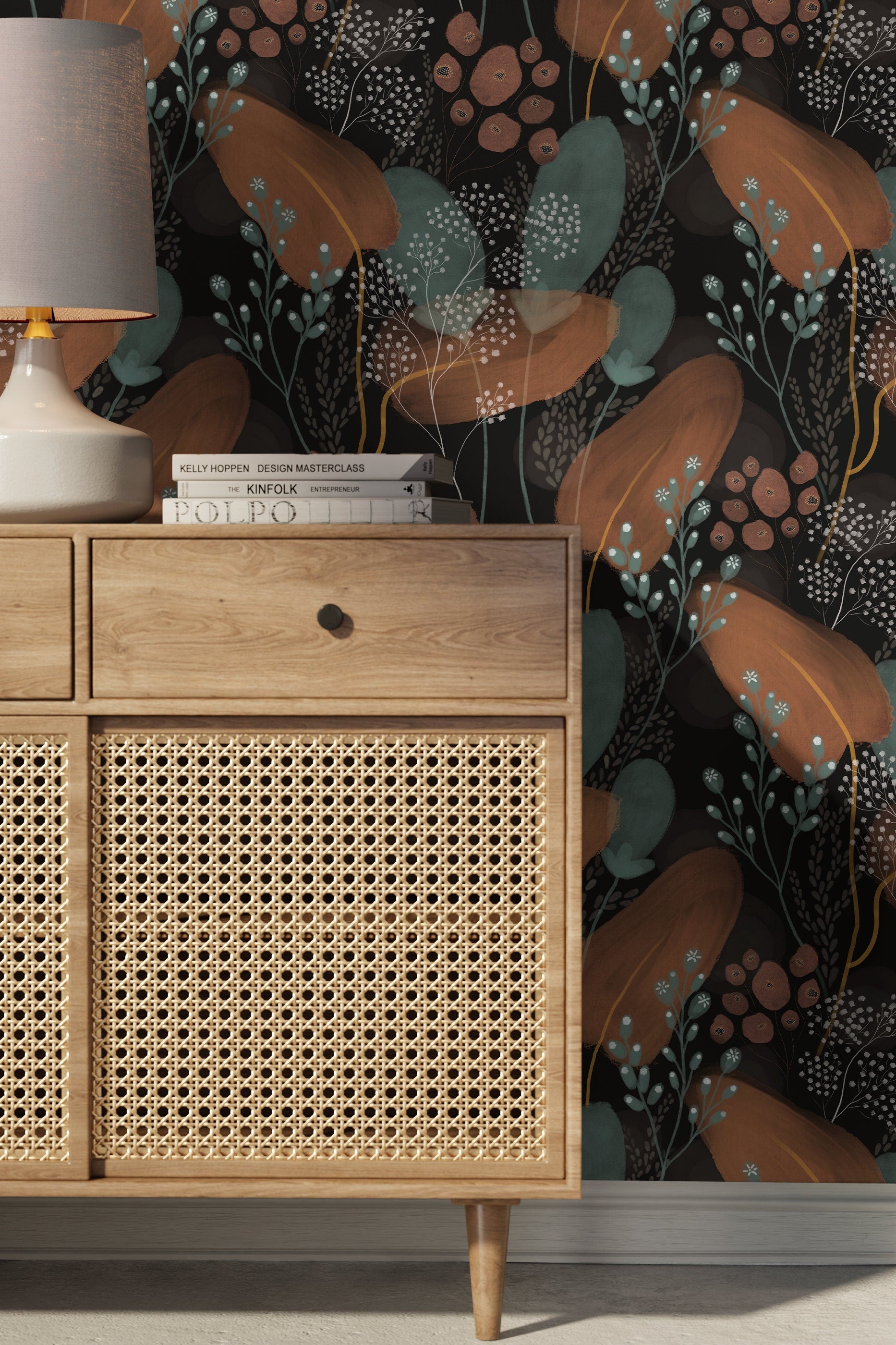 Botanical Wallpaper With Painterly Autumn Flora In Black, Terracotta, And Teal - X165