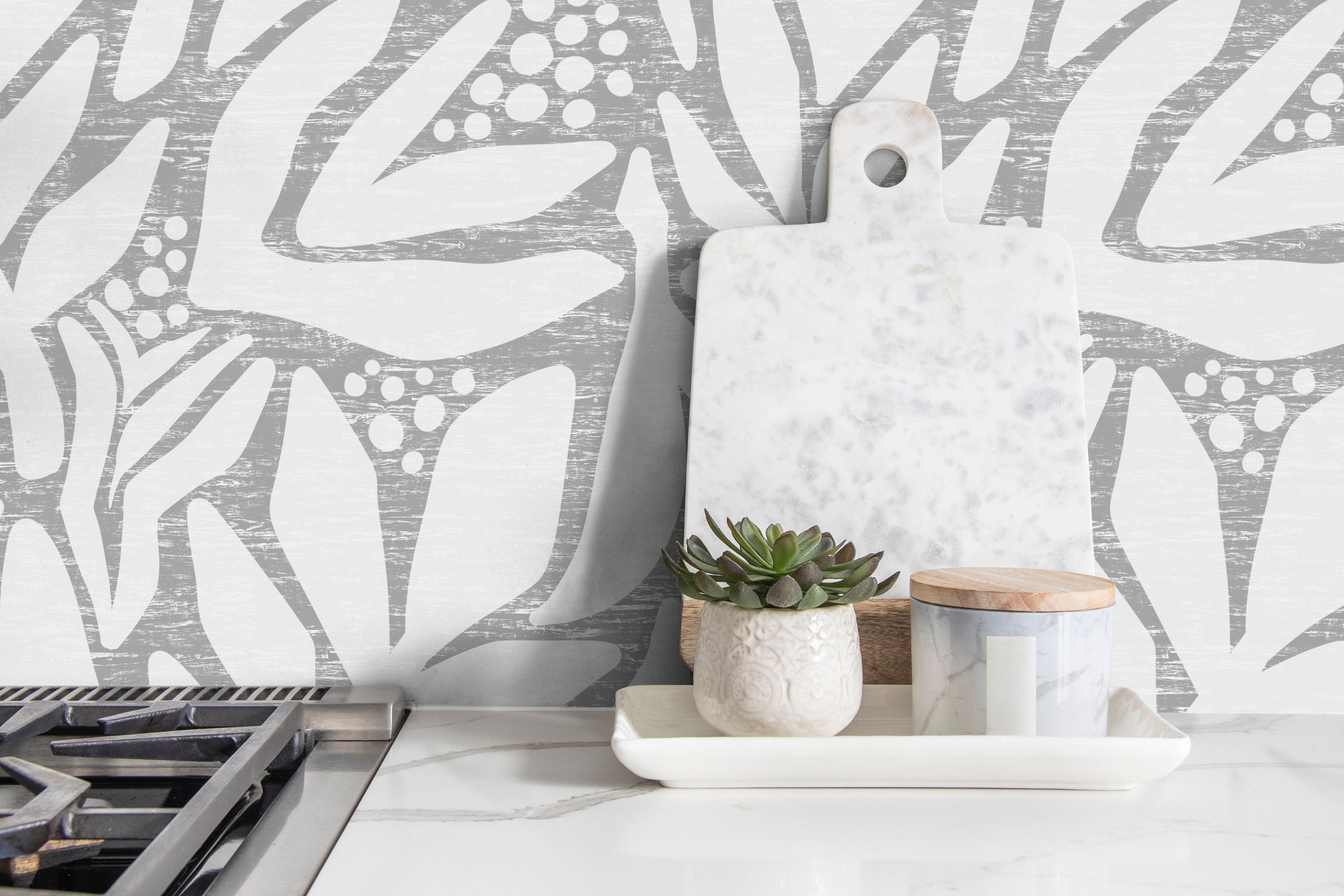 Abstract Wallpaper With A Stylized Leaf Motif In Gray And White - X181