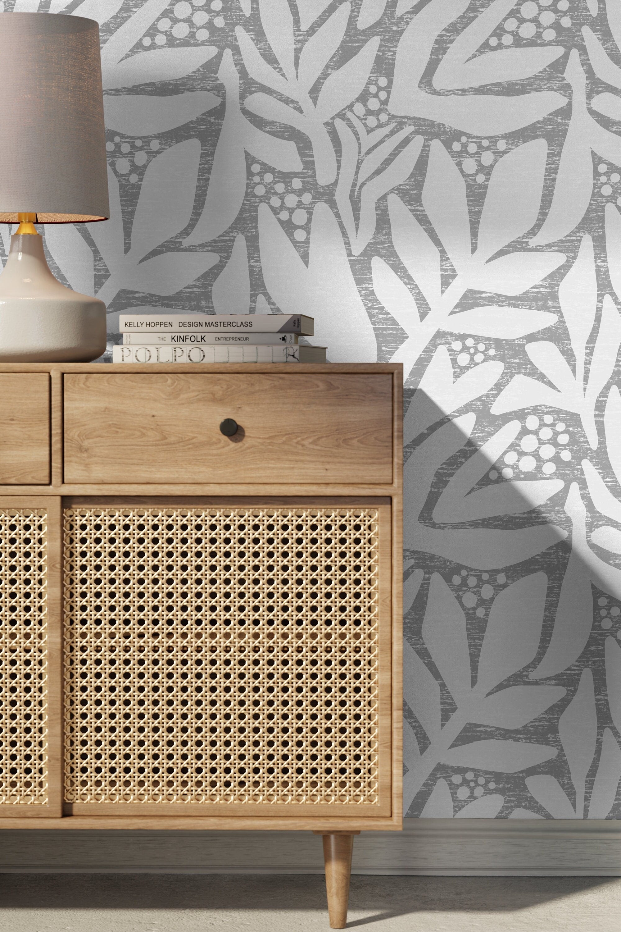 Abstract Wallpaper With A Stylized Leaf Motif In Gray And White - X181