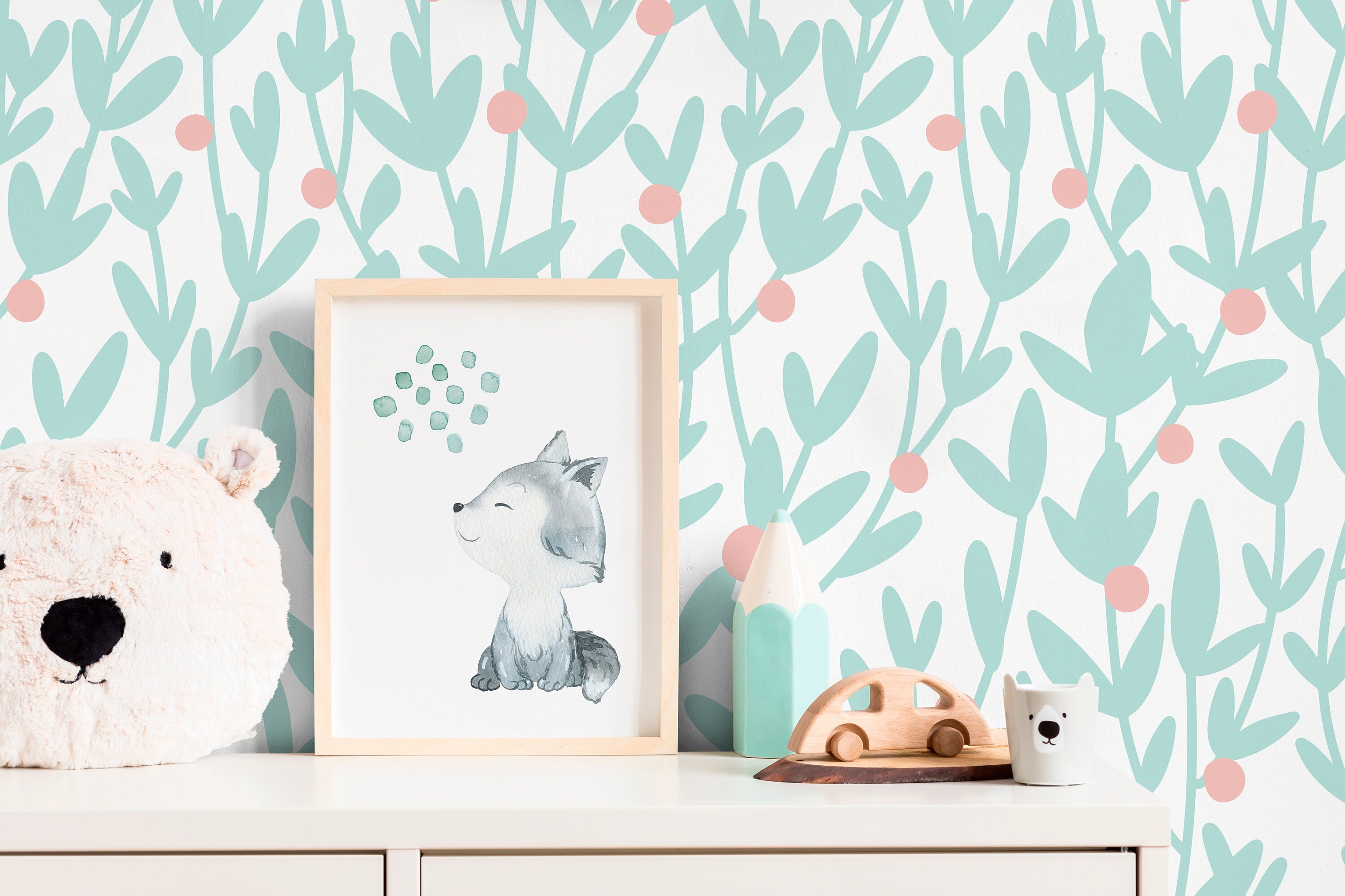 Floral Wallpaper Featuring Minimalist Branches In Mint And Pink - X179
