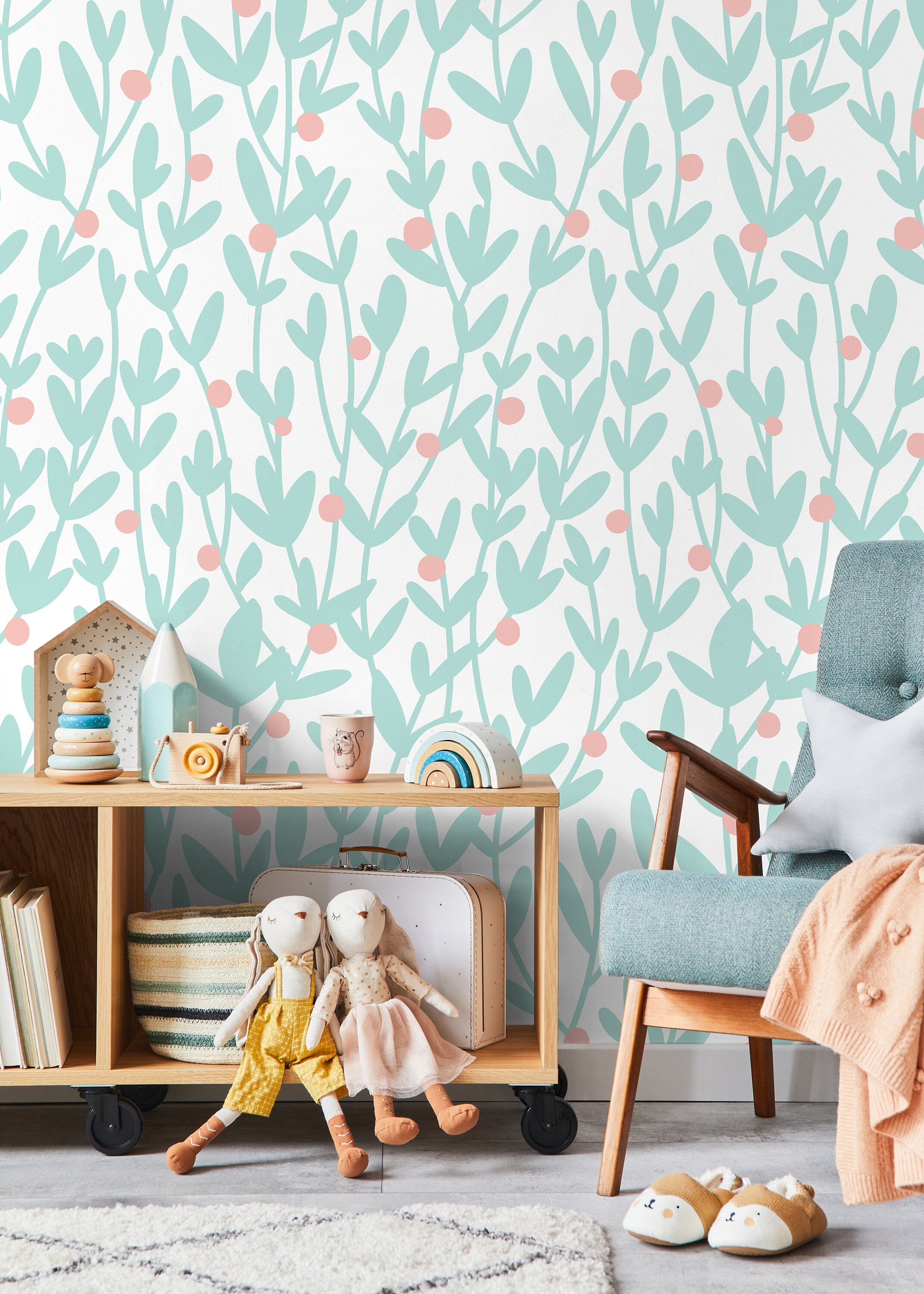 Floral Wallpaper Featuring Minimalist Branches In Mint And Pink - X179