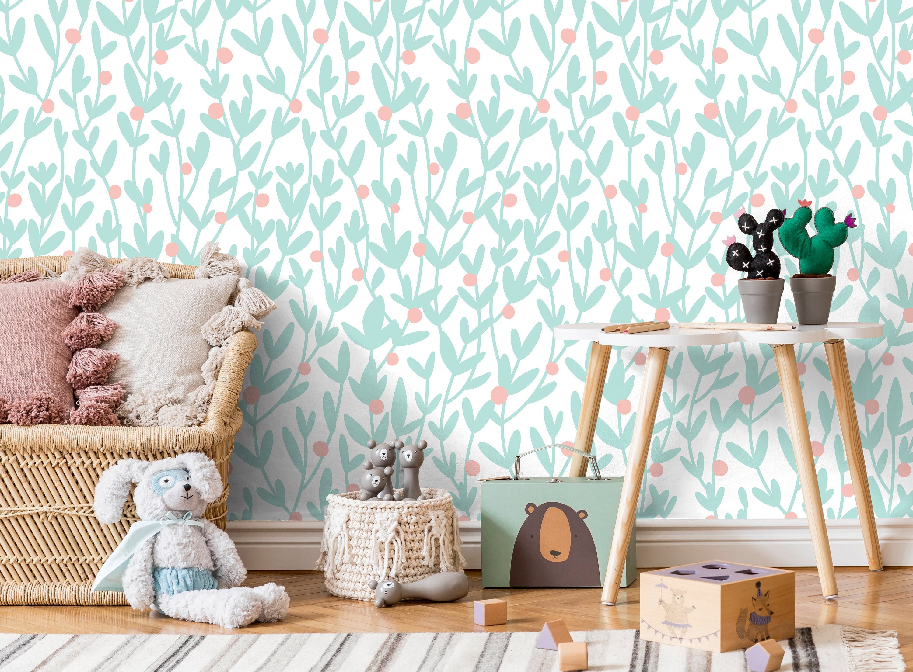 Floral Wallpaper Featuring Minimalist Branches In Mint And Pink - X179
