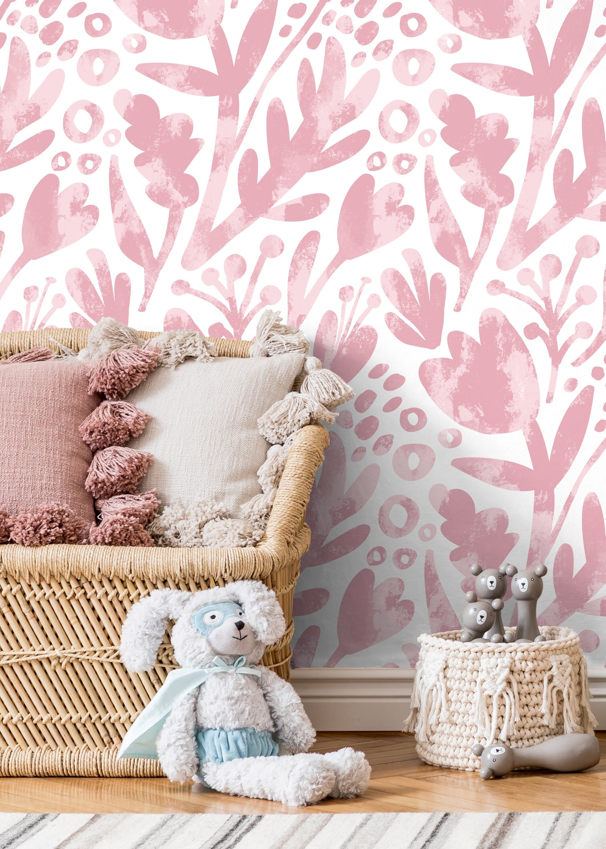 Floral Wallpaper With Abstract Botanical Shapes In Pink - X182