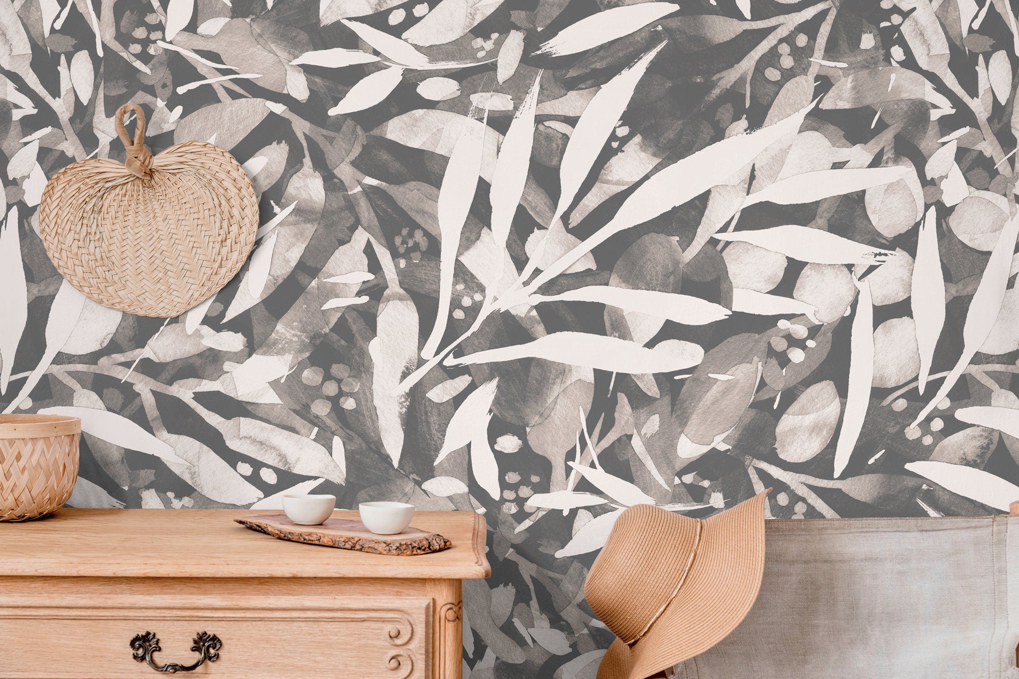 Abstract Wallpaper With A Painterly Leaf Motif In Charcoal, Gray, And Off-white - X151