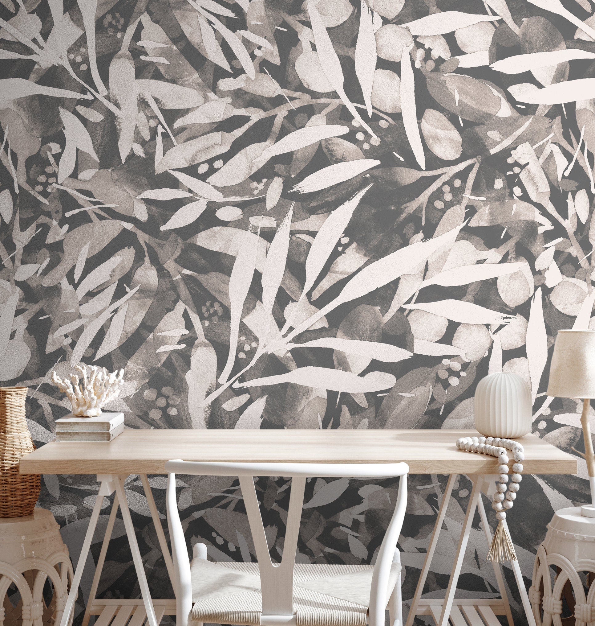 Abstract Wallpaper With A Painterly Leaf Motif In Charcoal, Gray, And Off-white - X151