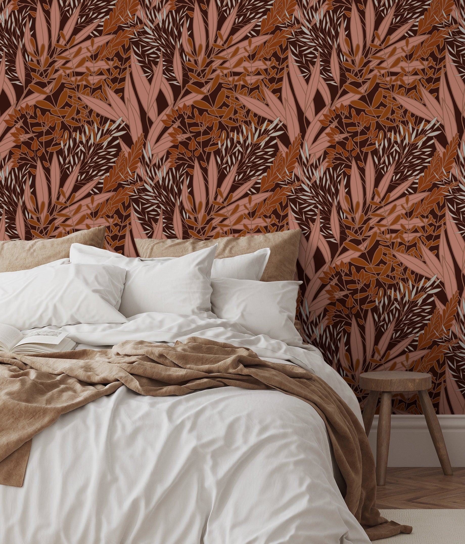 Botanical Wallpaper With Stylized Autumn Leaves In Brown, Pink, And Terracotta - X167