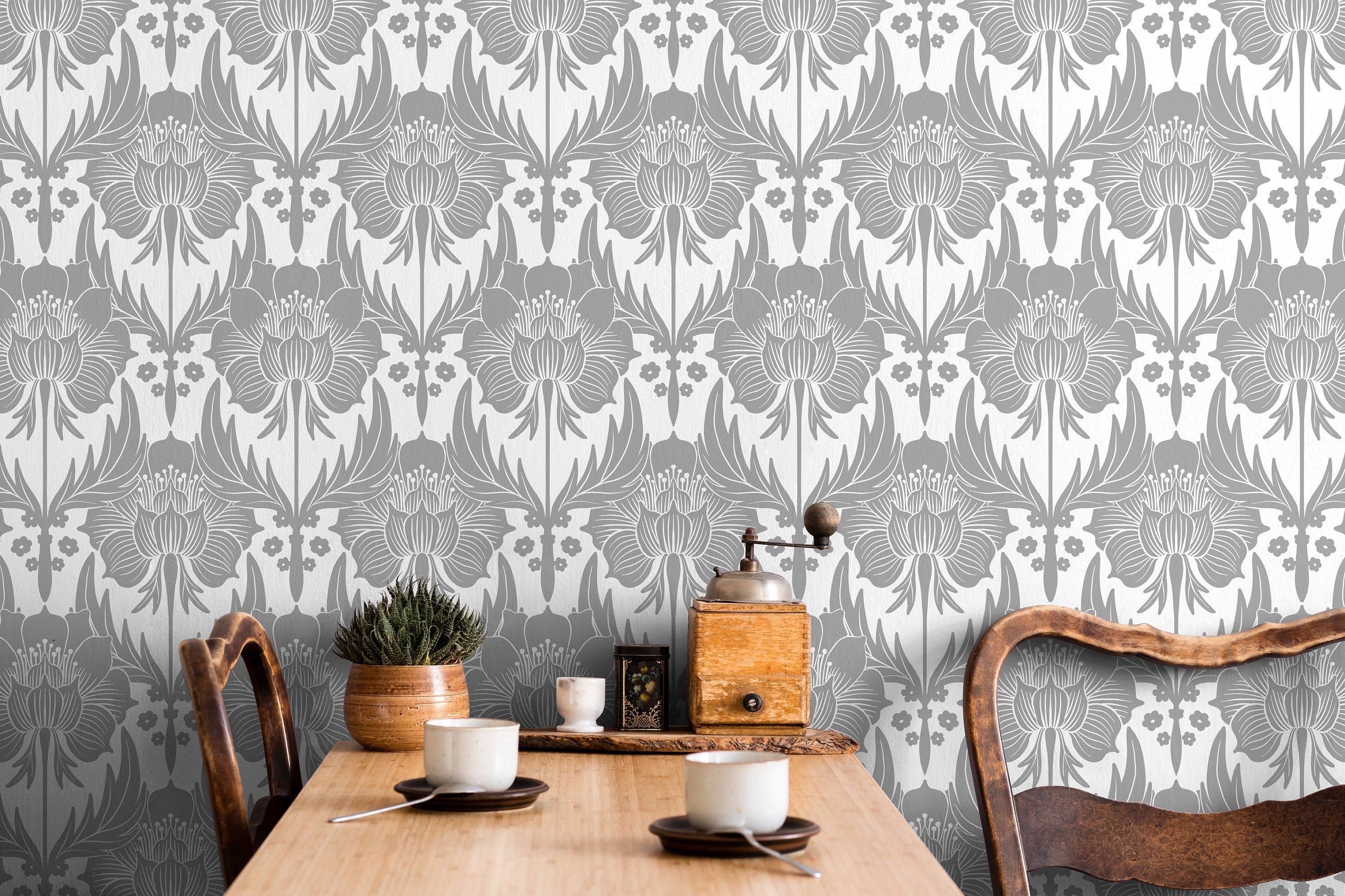 Art Nouveau Wallpaper With A Stylized Floral Damask Motif In Gray And White - X172
