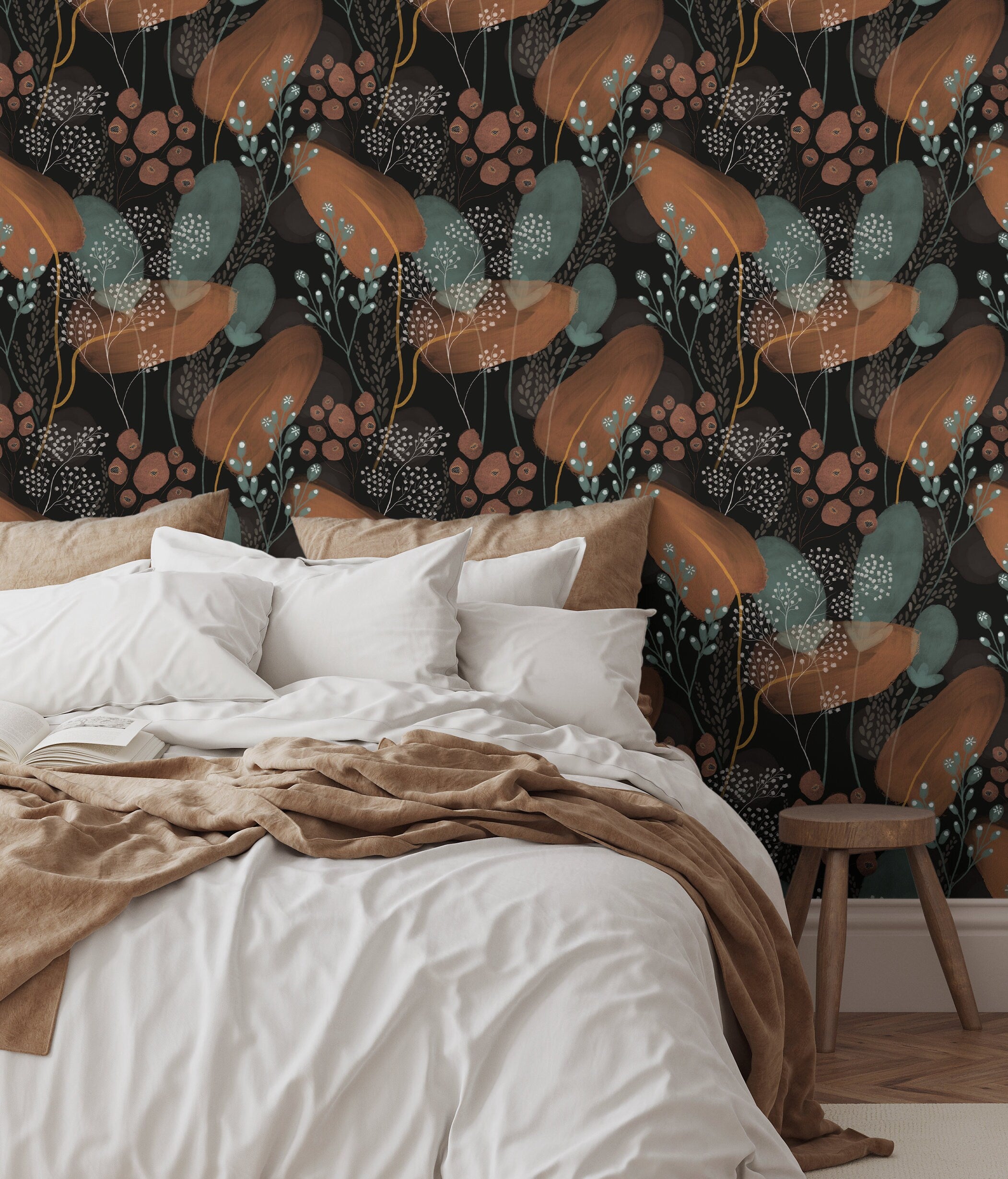 Botanical Wallpaper With Painterly Autumn Flora In Black, Terracotta, And Teal - X165