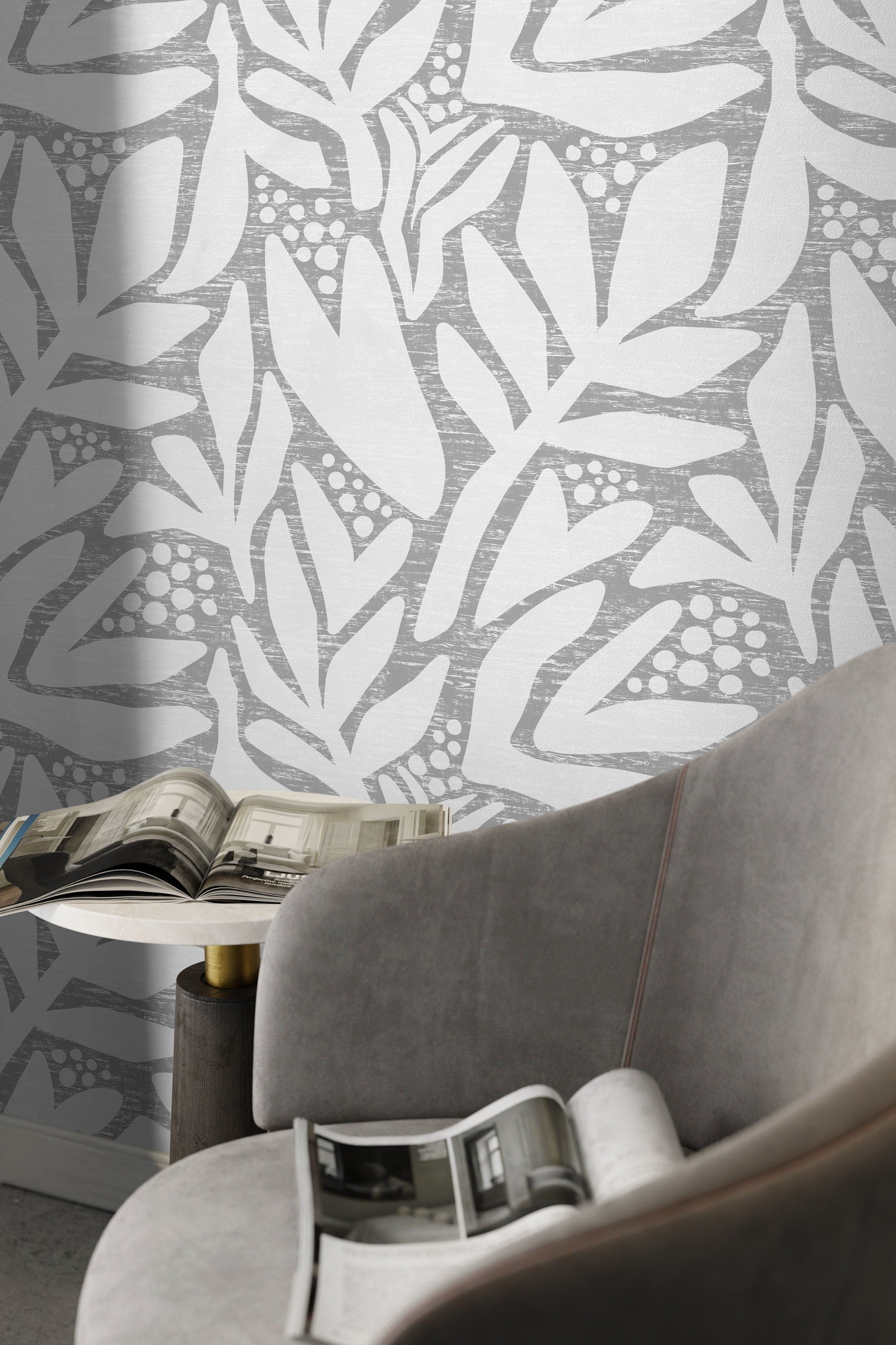 Abstract Wallpaper With A Stylized Leaf Motif In Gray And White - X181