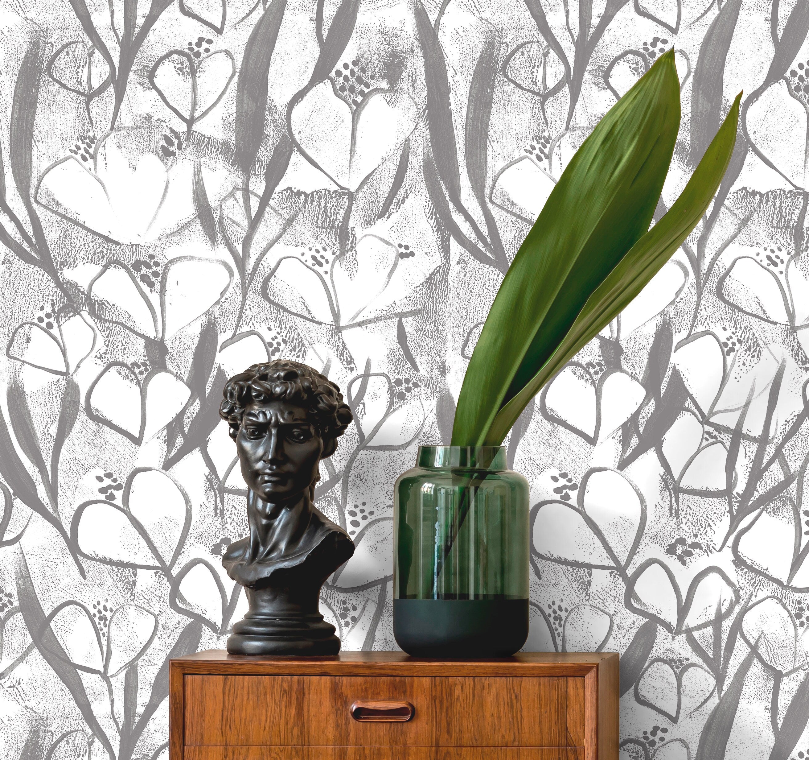 Floral Wallpaper With An Abstract Painterly Motif In Black And Grey - X191