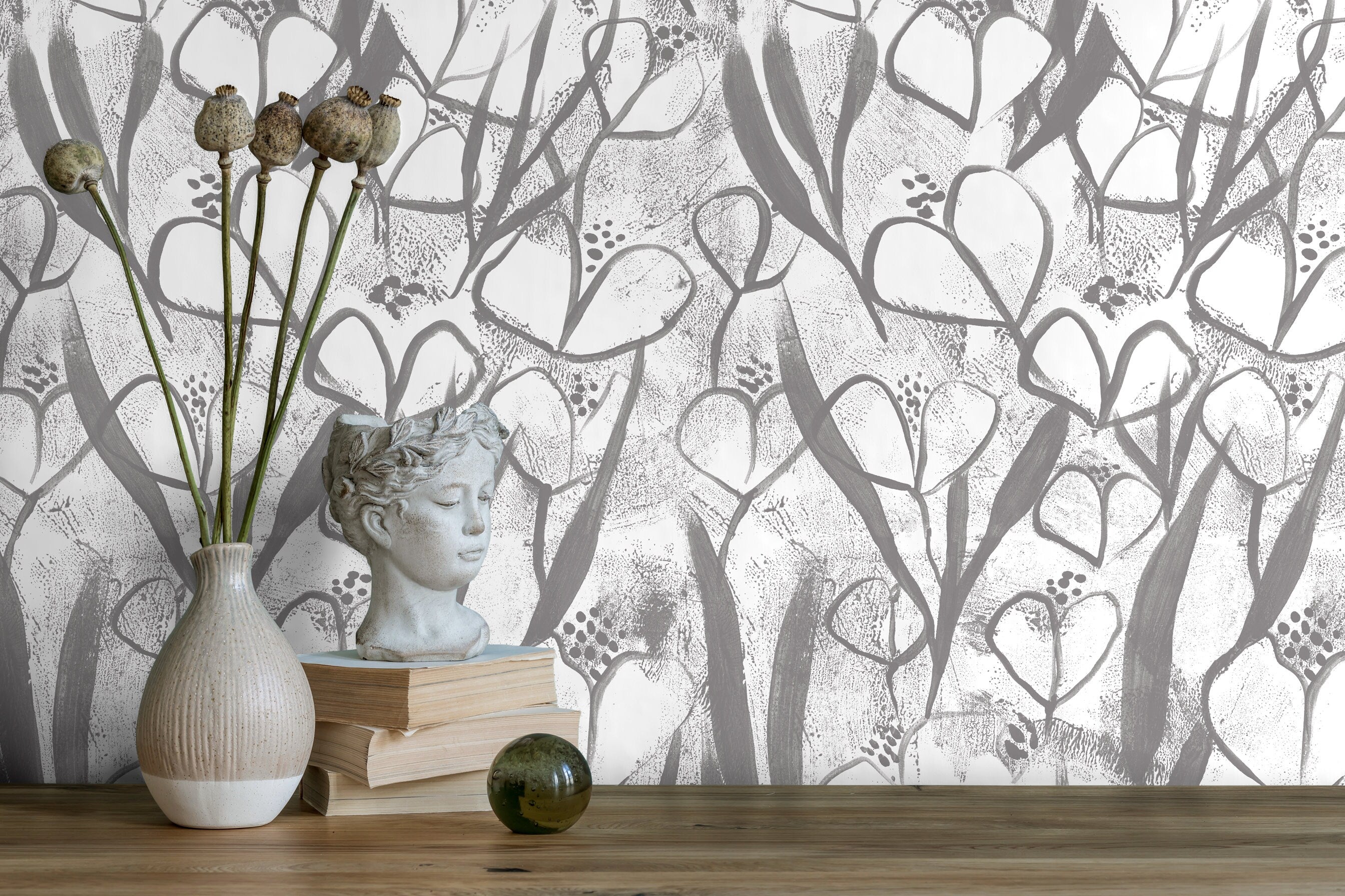 Floral Wallpaper With An Abstract Painterly Motif In Black And Grey - X191
