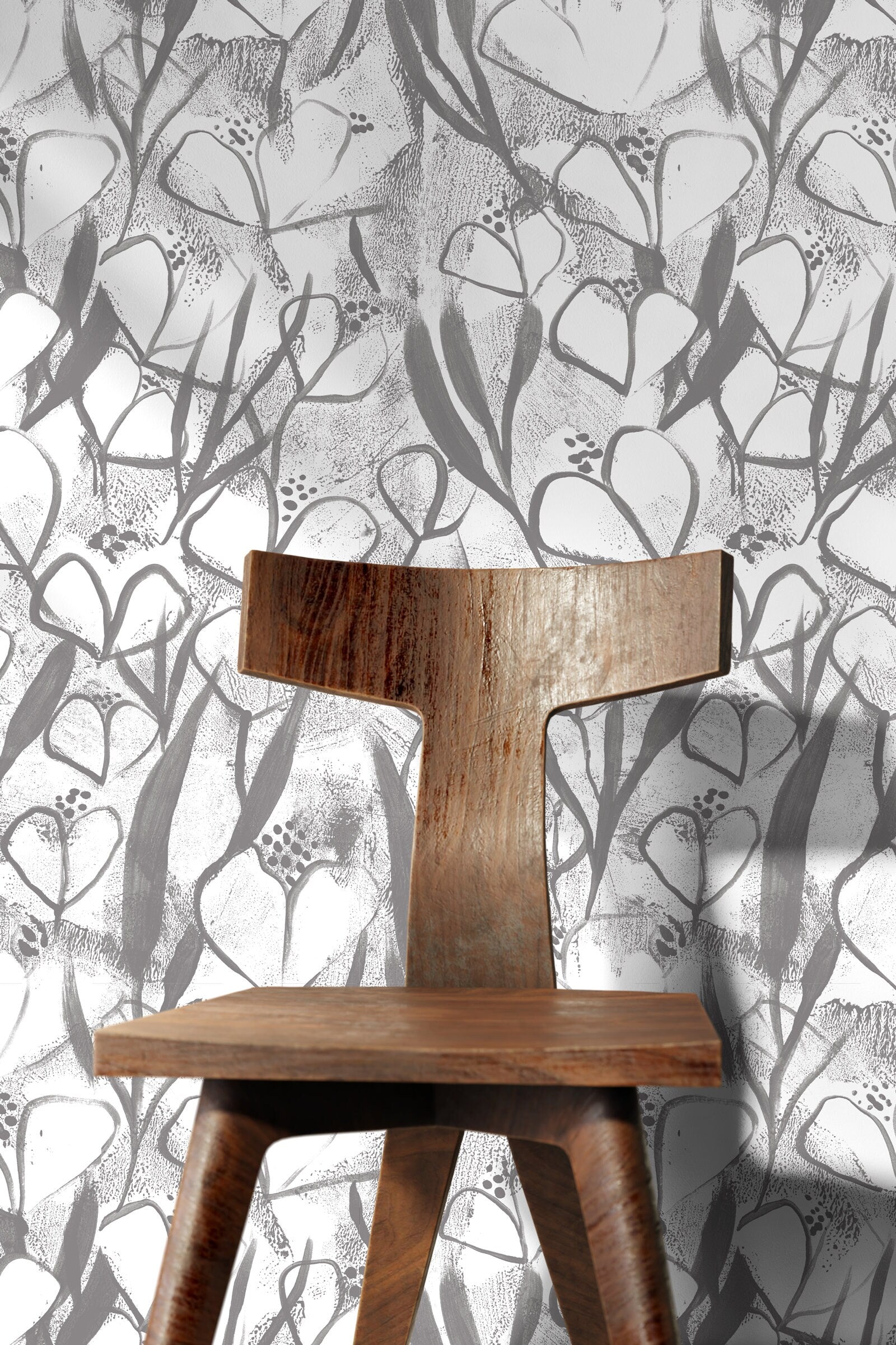 Floral Wallpaper With An Abstract Painterly Motif In Black And Grey - X191