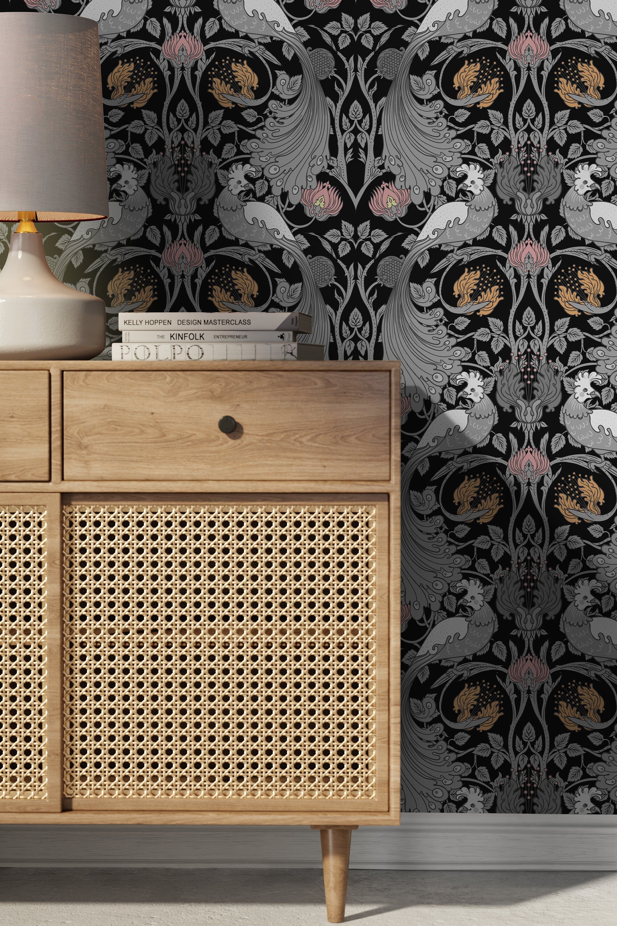 Arts And Crafts Wallpaper With A Bird And Pomegranate Motif In Gray, Pink, And Gold - D005