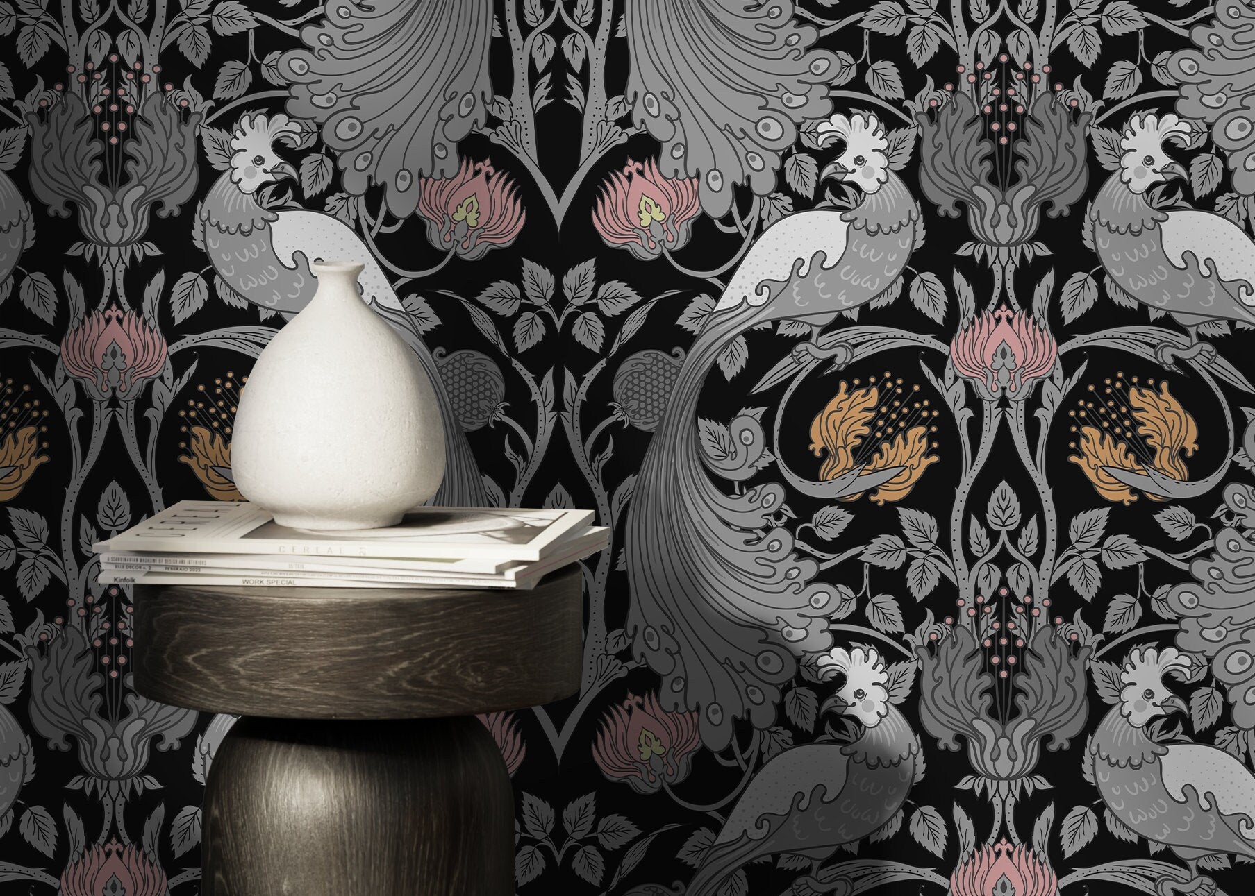 Arts And Crafts Wallpaper With A Bird And Pomegranate Motif In Gray, Pink, And Gold - D005