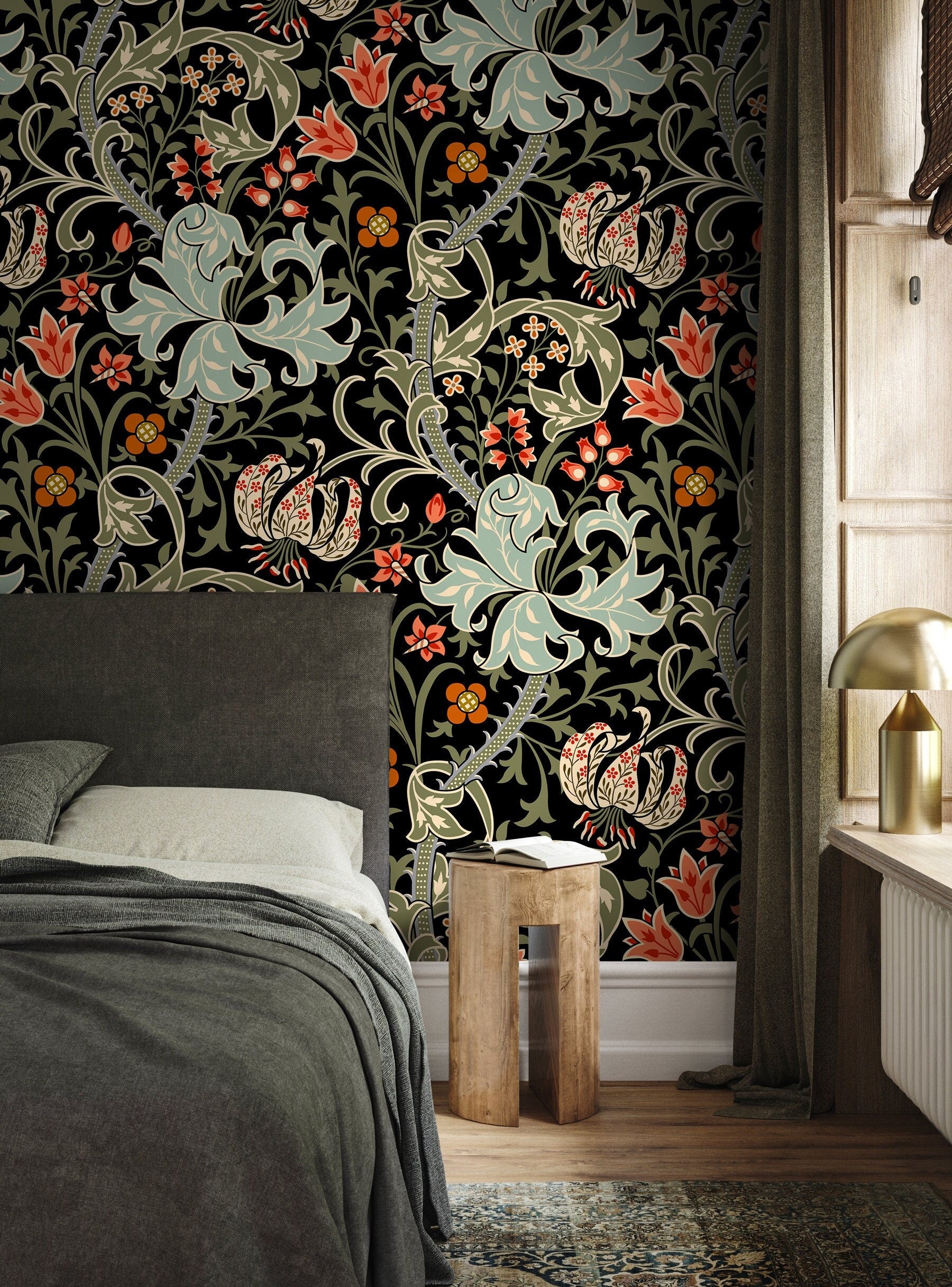 Vintage Floral Wallpaper With A Lily And Tulip Motif In Teal And Coral - D006