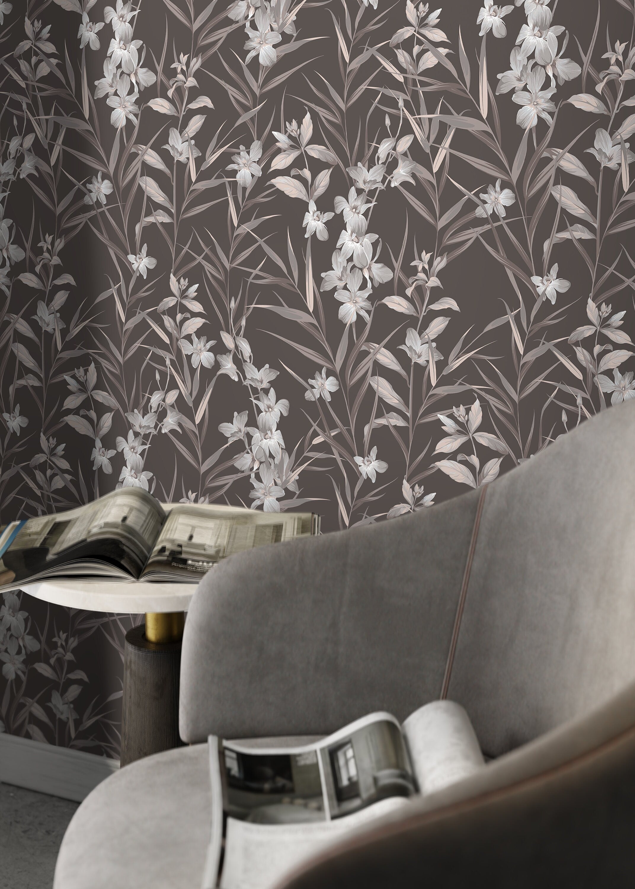 Botanical Wallpaper With Elegant Orchids In Brown, Grey, And Beige - D033