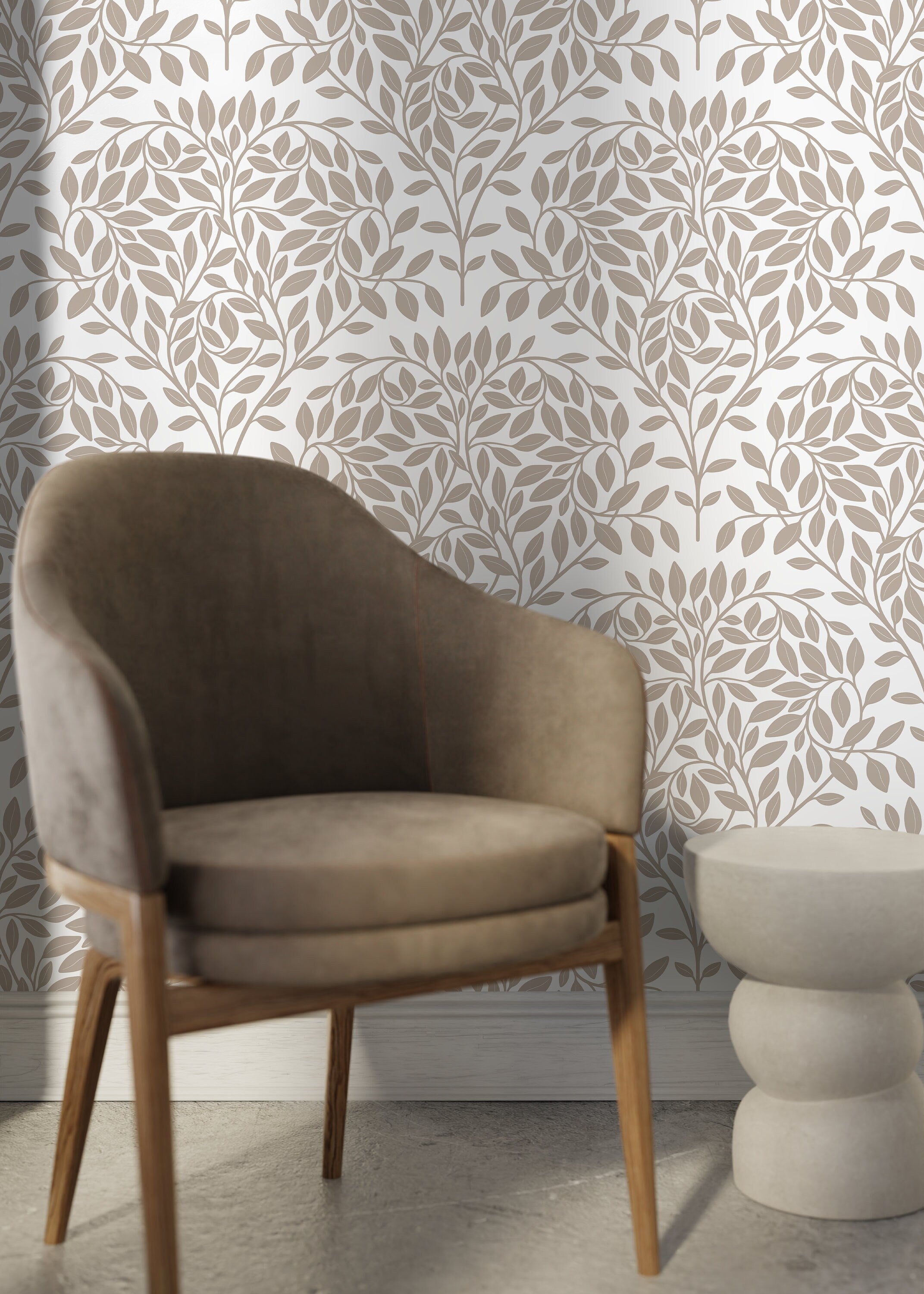 Botanical Wallpaper With A Scandinavian Leaf Motif In Taupe - D035