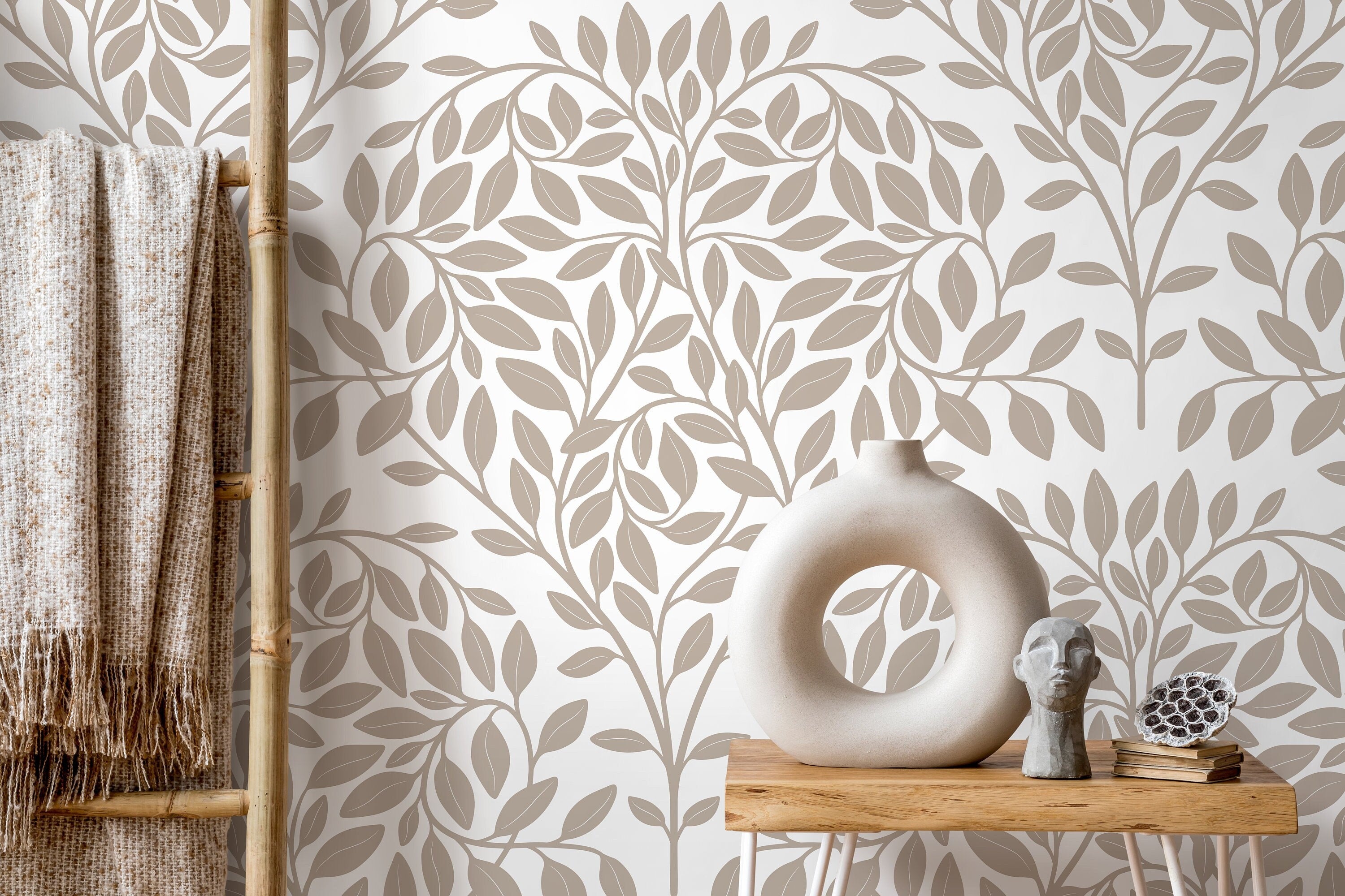 Botanical Wallpaper With A Scandinavian Leaf Motif In Taupe - D035