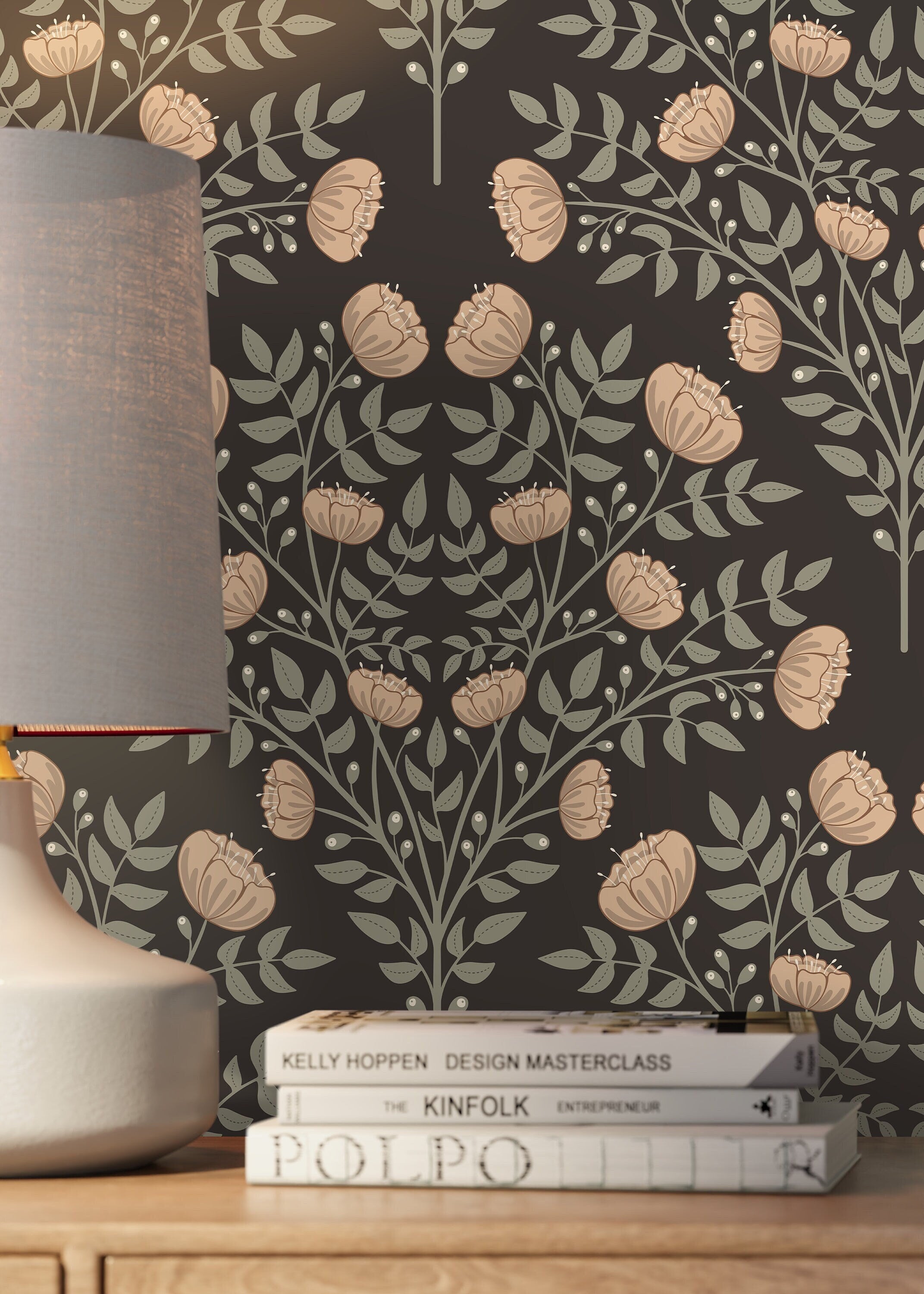 Botanical Wallpaper With Floral Trees In Brown, Green, And Beige - D036