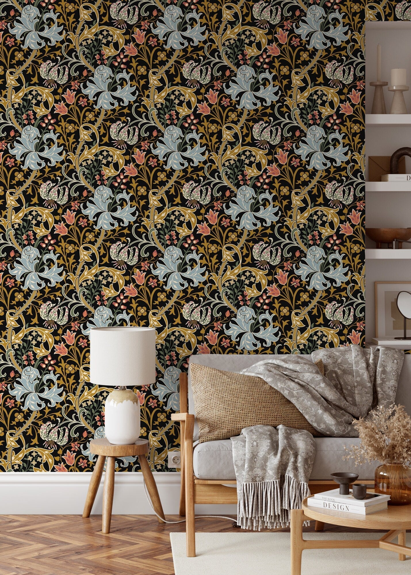 Art Nouveau Wallpaper With A Floral Motif In Black, Blue, And Gold - D007