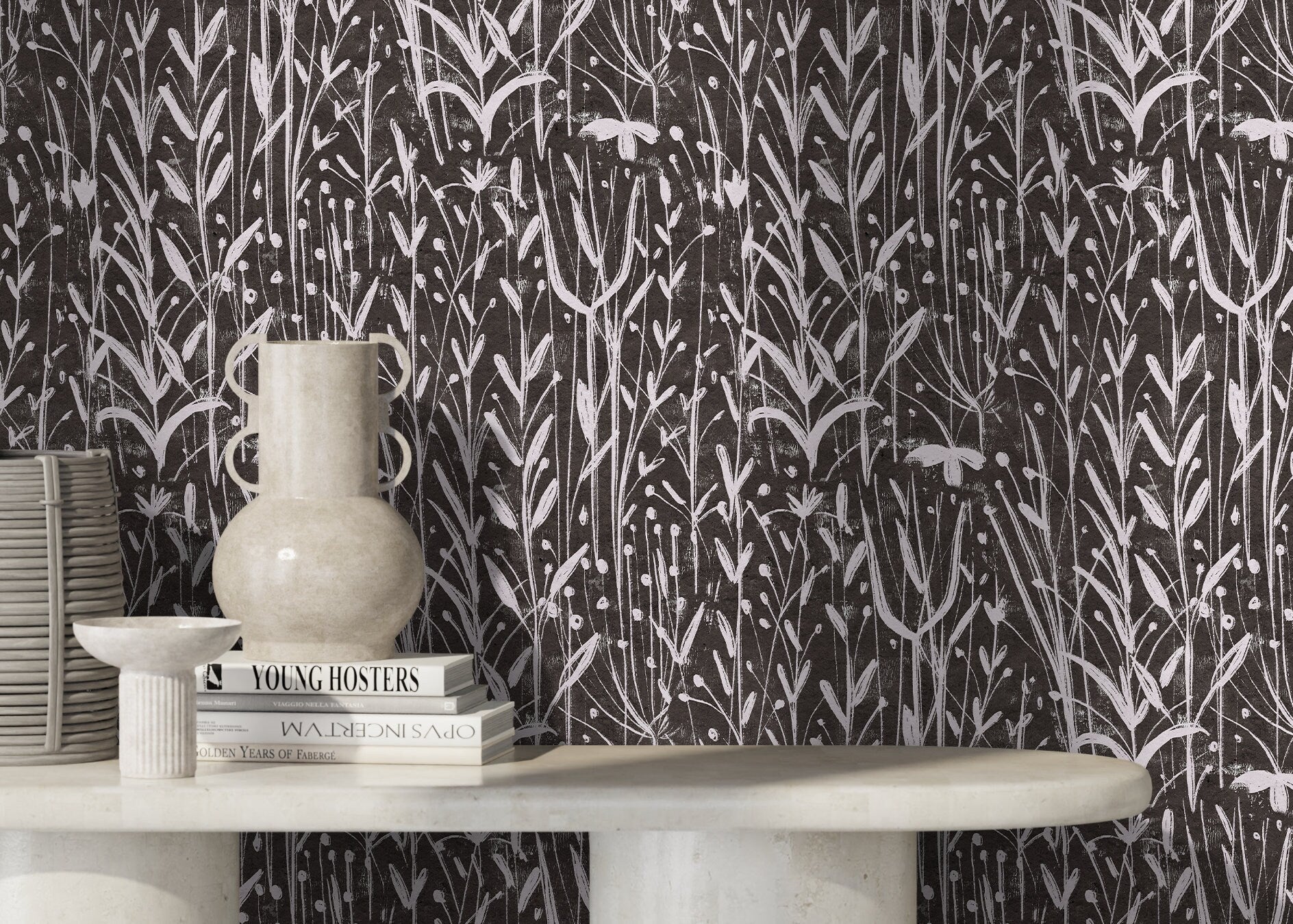 Boho Wallpaper With A Wildflower Sketch Motif In Charcoal And Off-white - D014